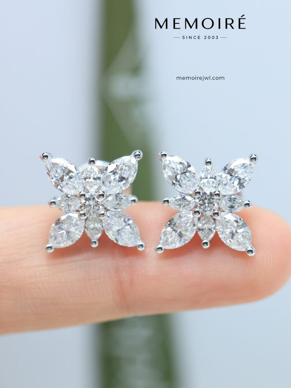 MÉMOIRÉ 18K White Gold Marquise Diamond Six-Petal Flower Screw Back Stud Earrings