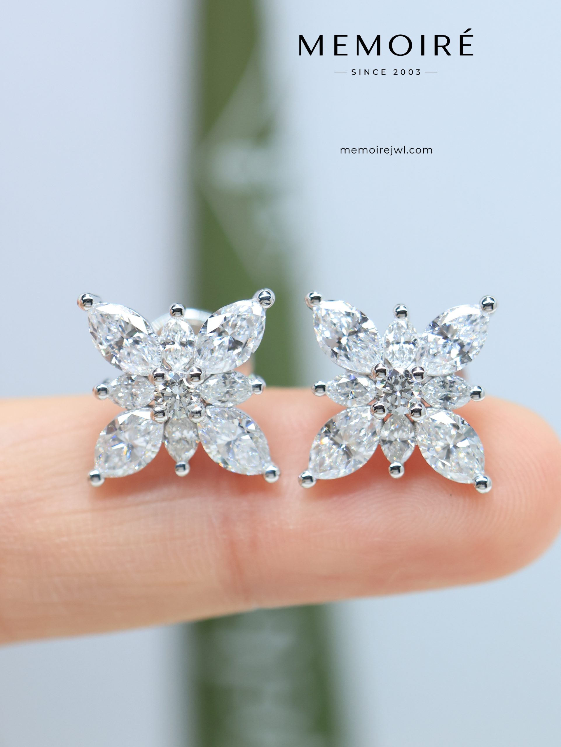 MÉMOIRÉ 18K White Gold Marquise Diamond Six-Petal Flower Screw Back Stud Earrings