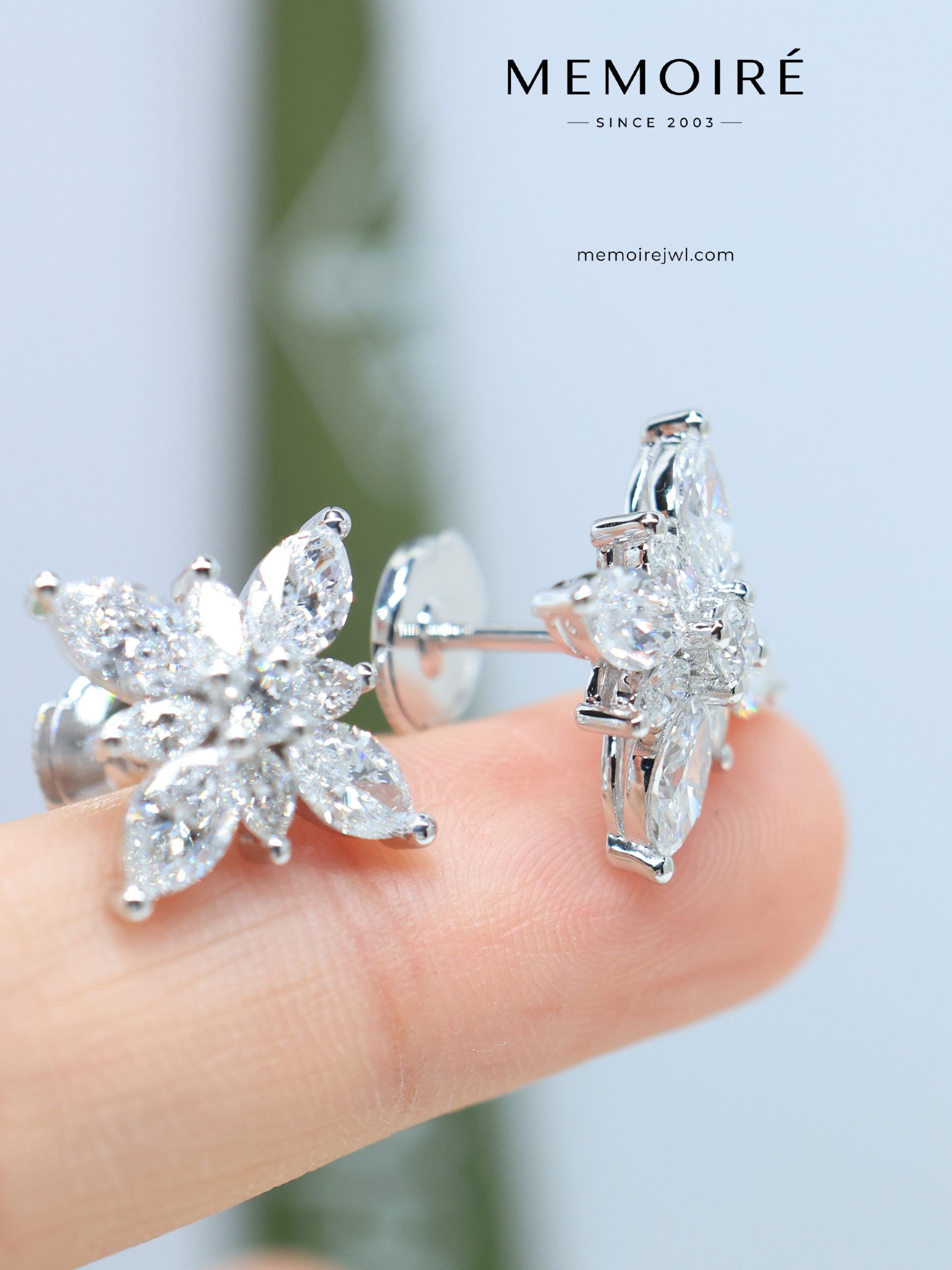 MÉMOIRÉ 18K White Gold Marquise Diamond Six-Petal Flower Screw Back Stud Earrings - Image 3