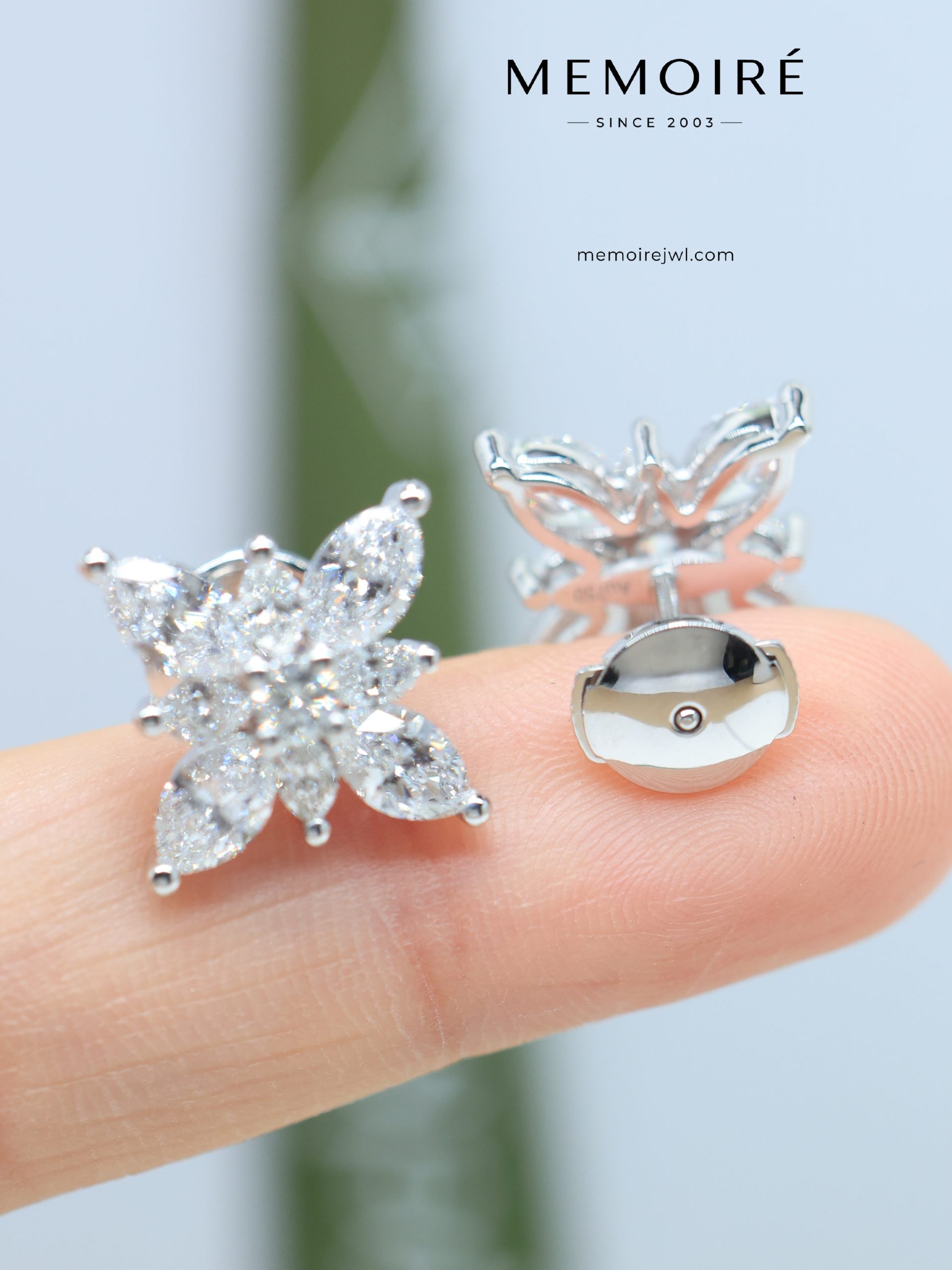 MÉMOIRÉ 18K White Gold Marquise Diamond Six-Petal Flower Screw Back Stud Earrings - Image 4