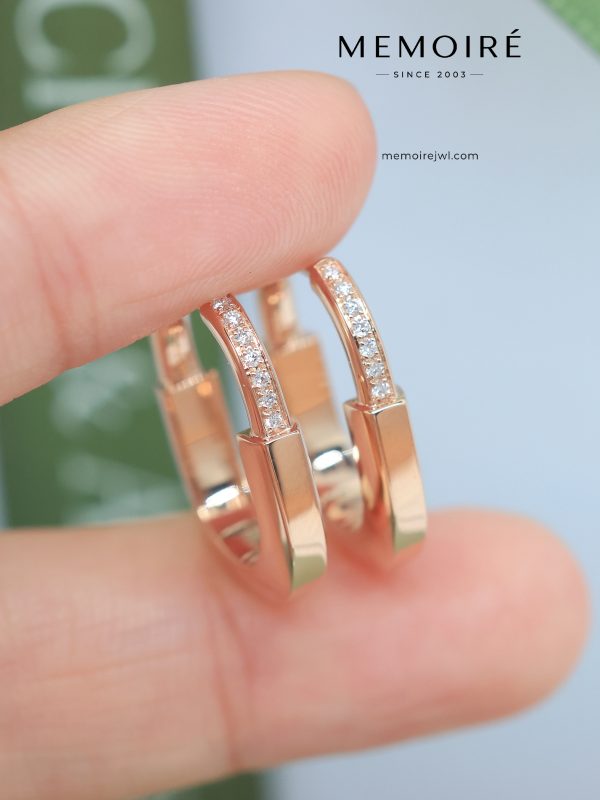 MEMOIRÉ Mini Half Pave Diamond Lock U-Shape Hoop Earrings in Rose Gold