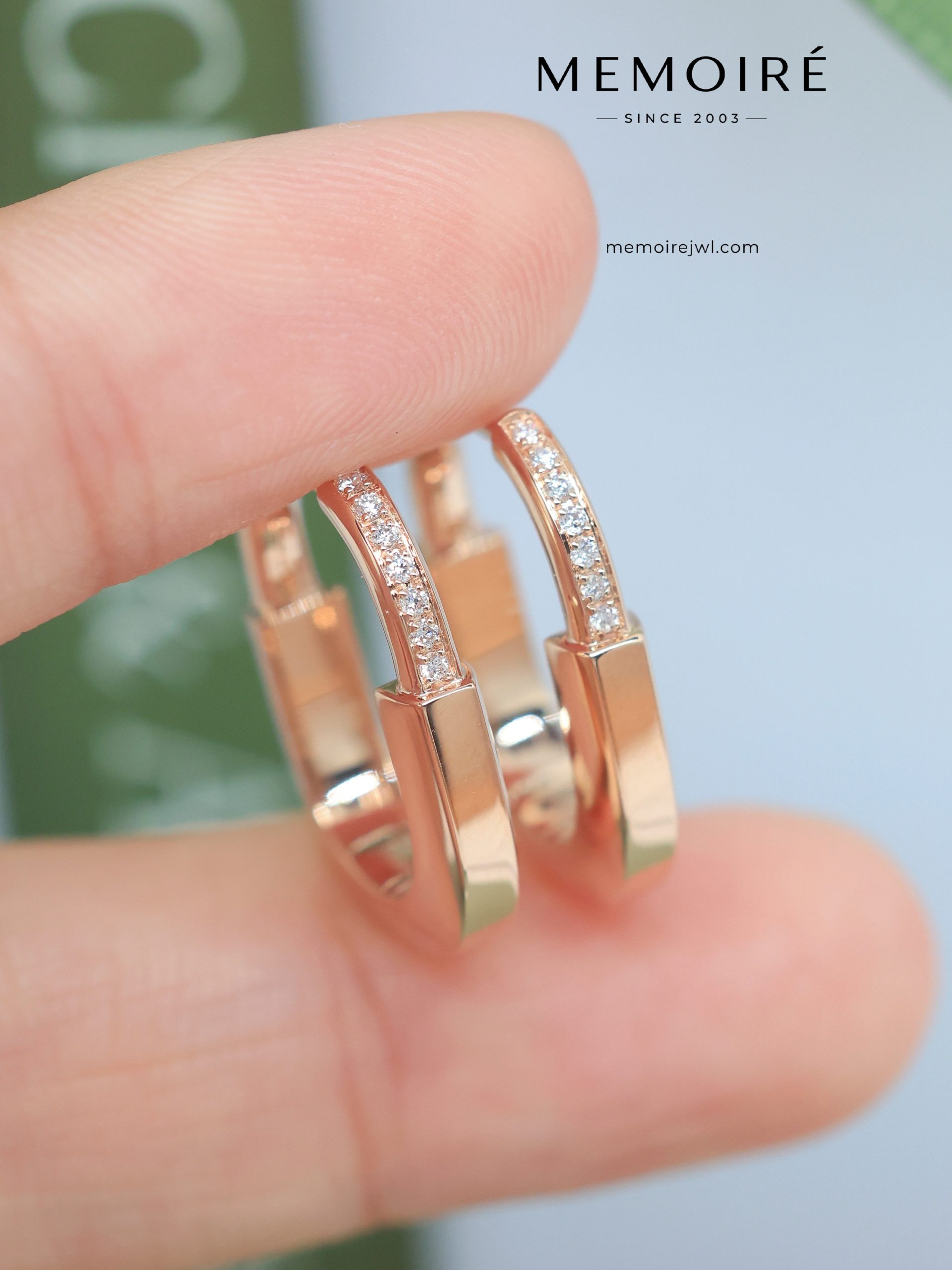 MEMOIRÉ Mini Half Pave Diamond Lock U-Shape Hoop Earrings in Rose Gold