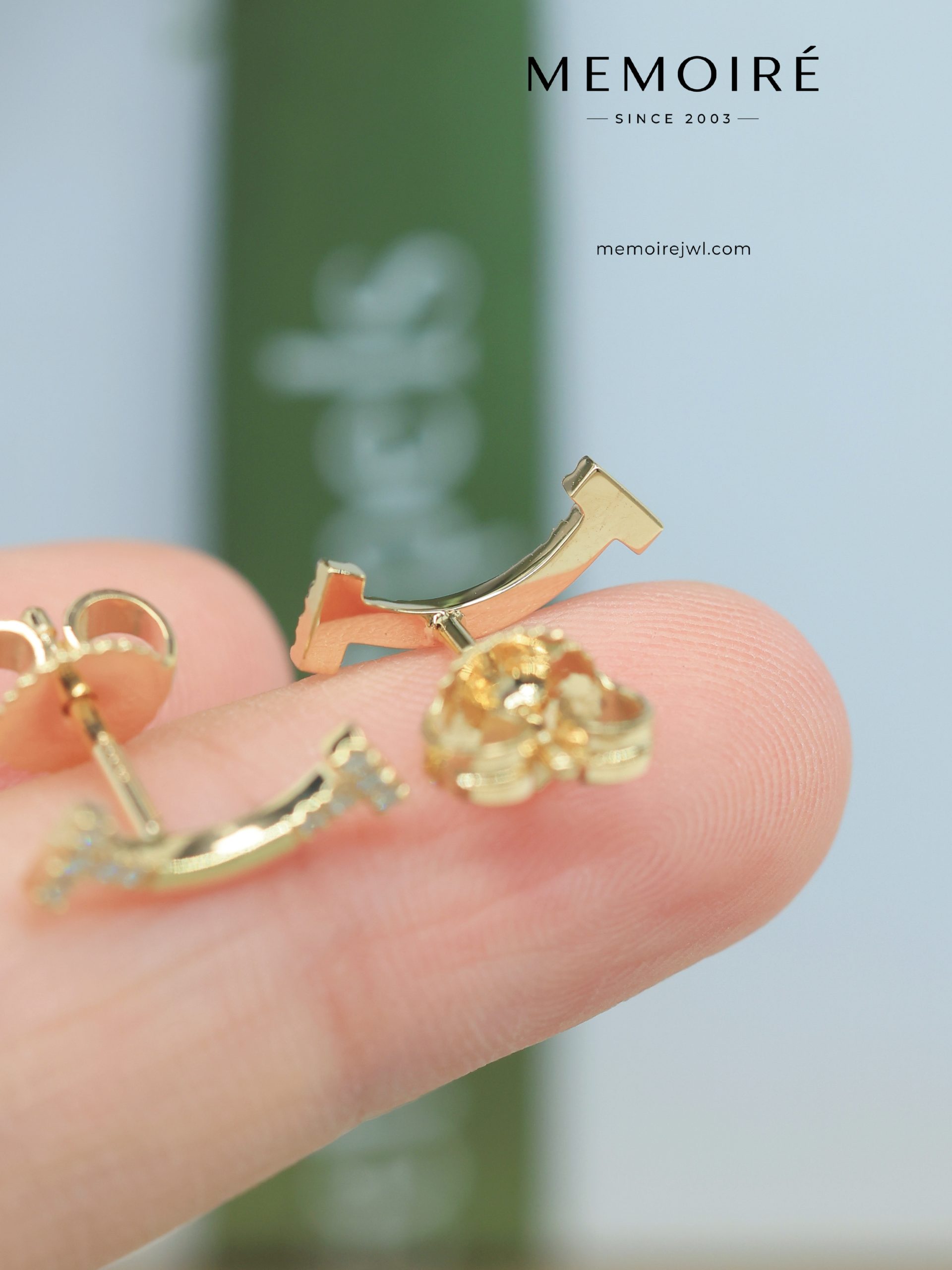 MEMOIRÉ Yellow Gold Mini Smile Stud Earrings with Diamonds at Both Ends - Image 5