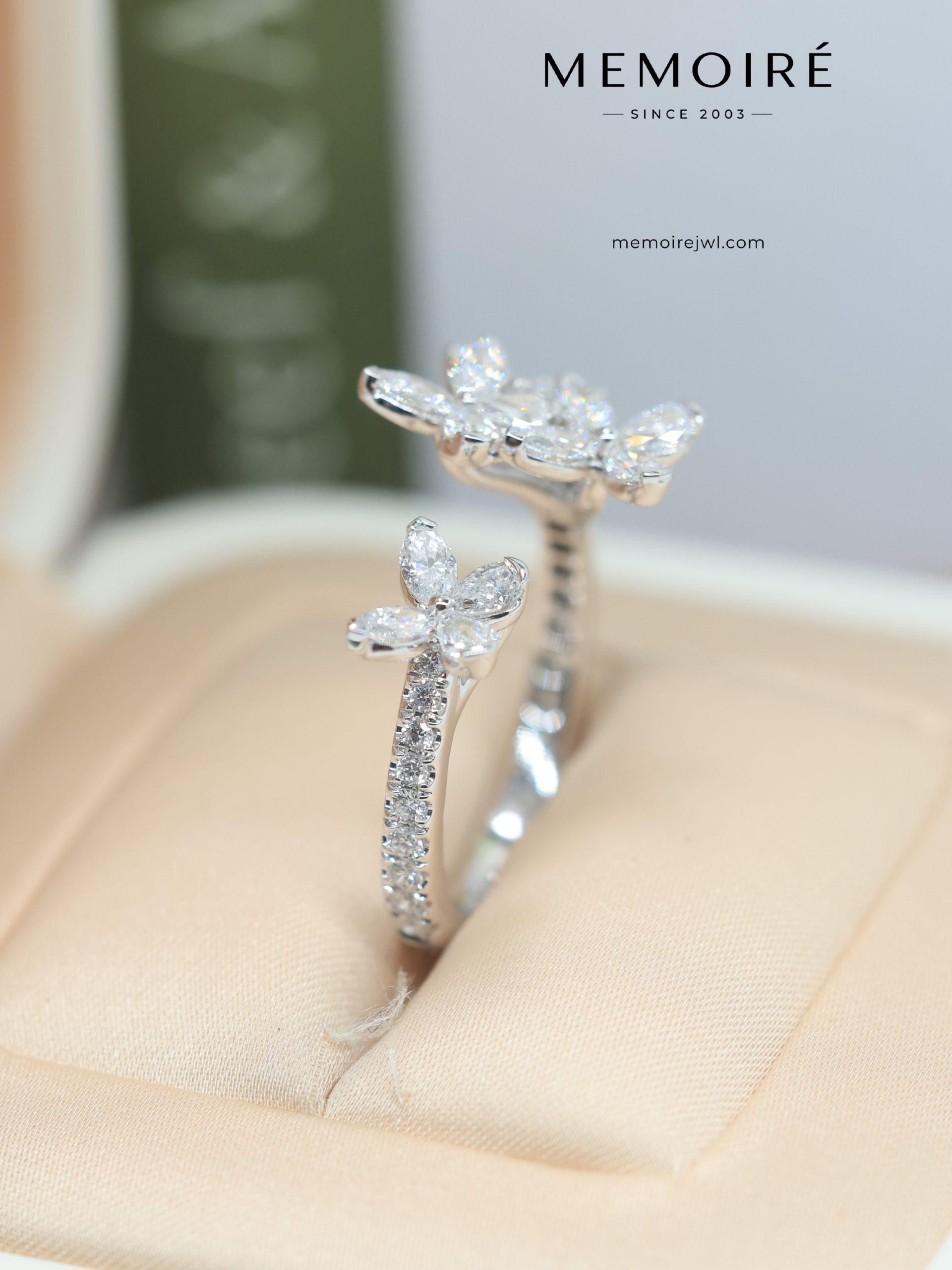 MÉMOIRÉ 18K White Gold Marquise Diamond Floral Bypass Open Ring - Image 3