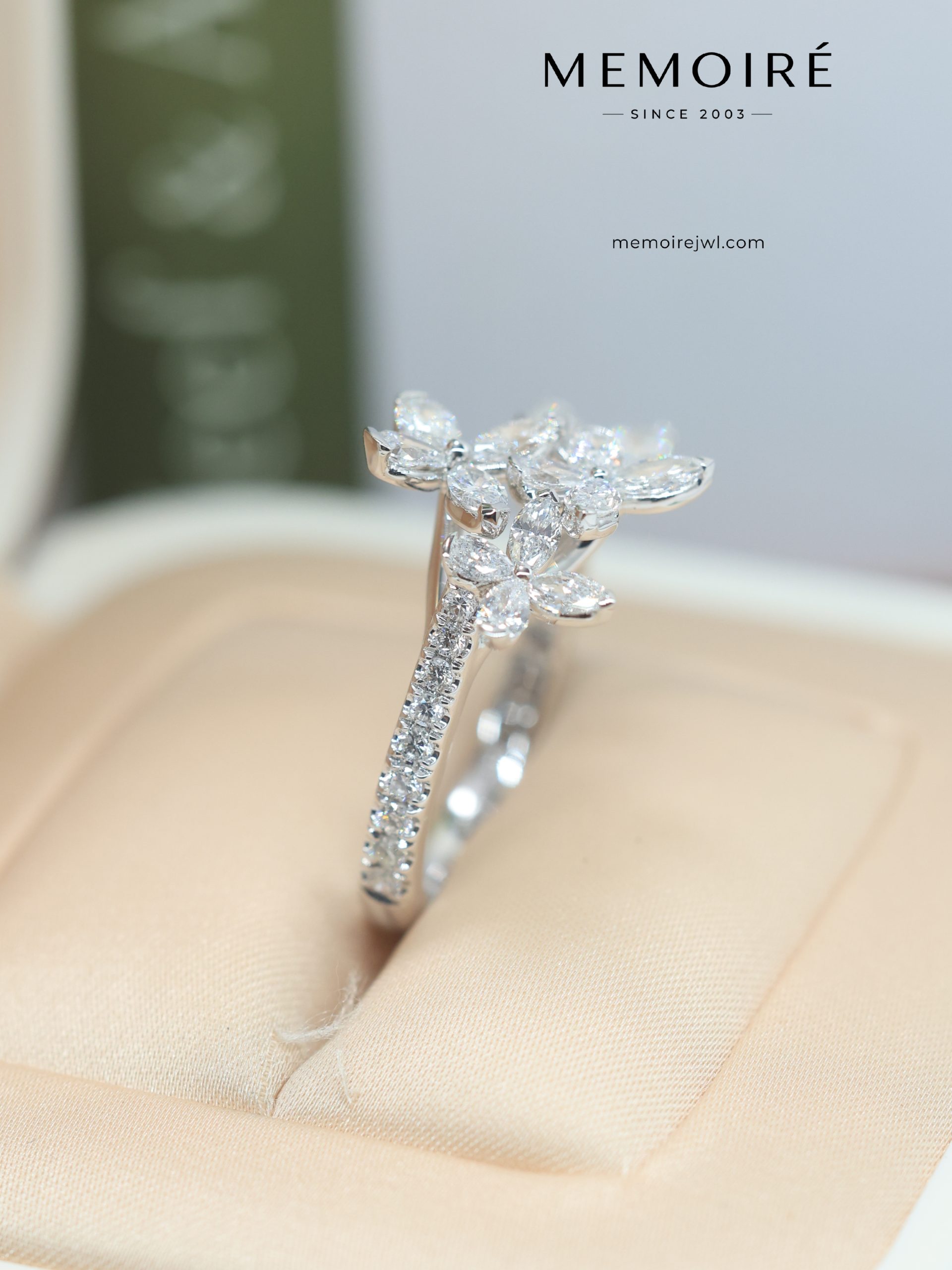 MÉMOIRÉ 18K White Gold Marquise Diamond Floral Bypass Open Ring - Image 4