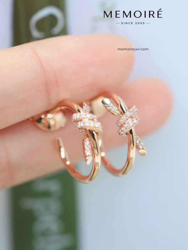 MEMOIRÉ Mini Pave Diamond Knot Twist Hoop Earrings in Rose Gold