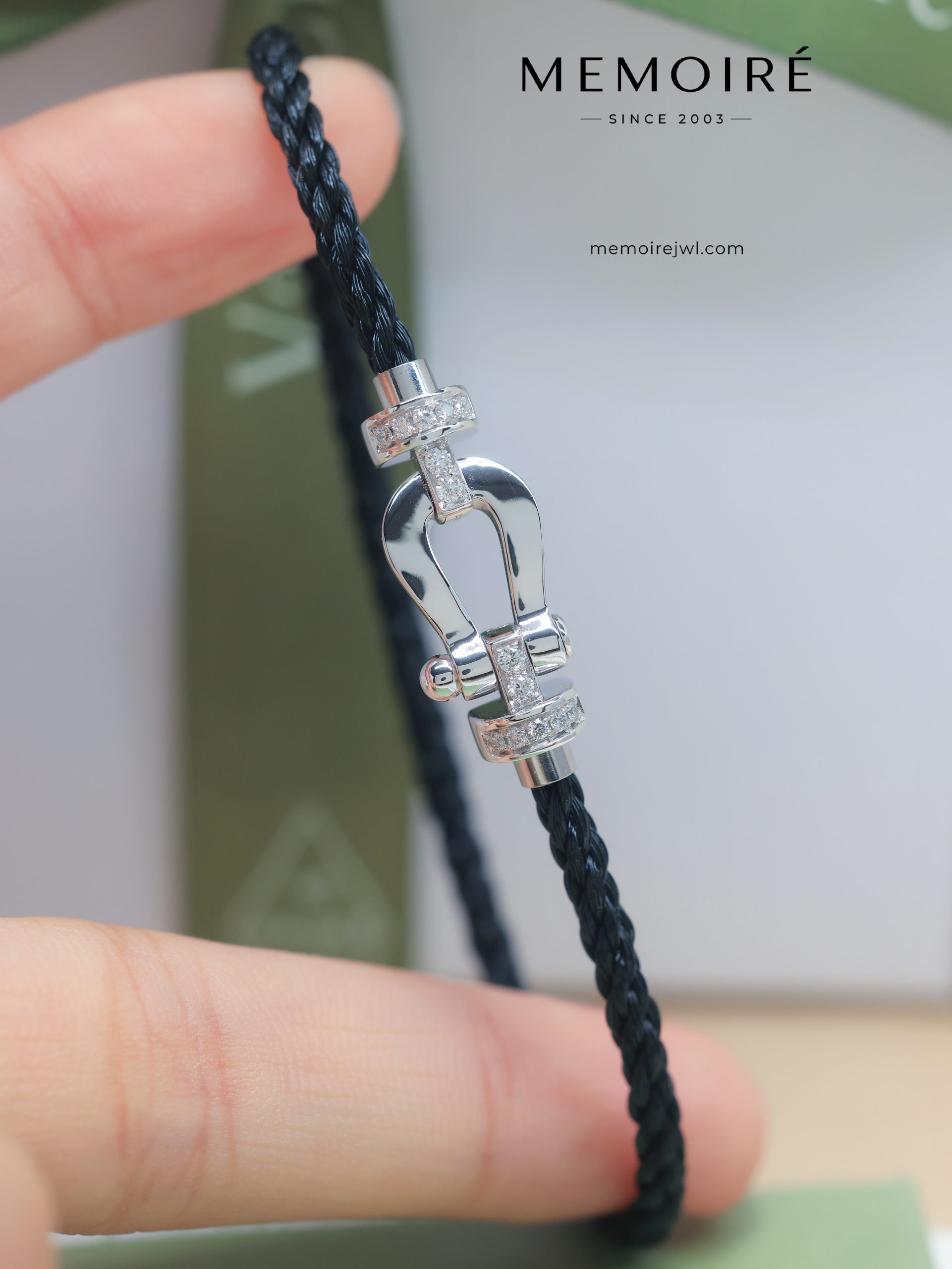 MEMOIRÉ White Gold Medium Half-Pave Horseshoe Buckle Black Nylon Cord Bracelet