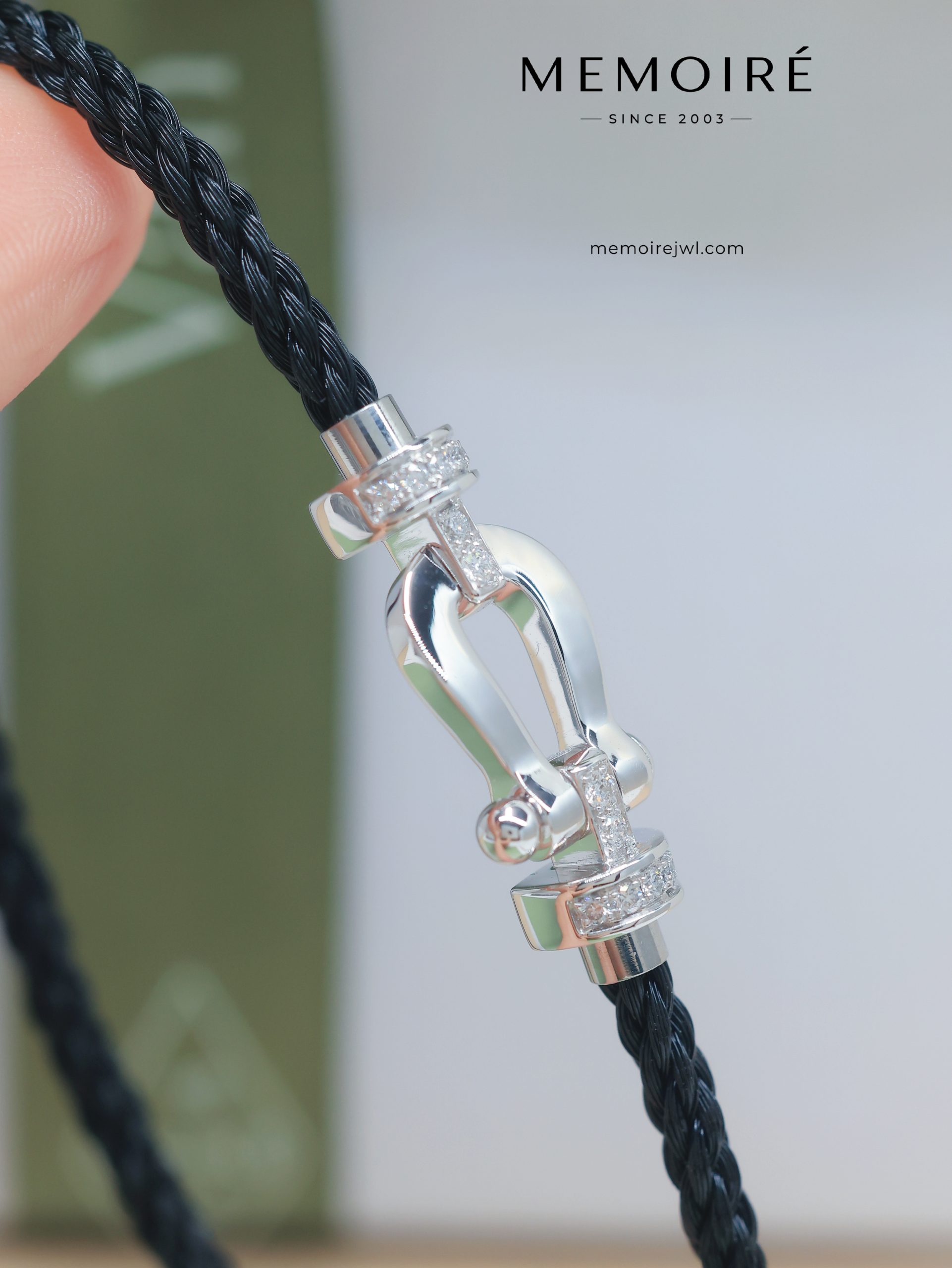MEMOIRÉ White Gold Medium Half-Pave Horseshoe Buckle Black Nylon Cord Bracelet - Image 3