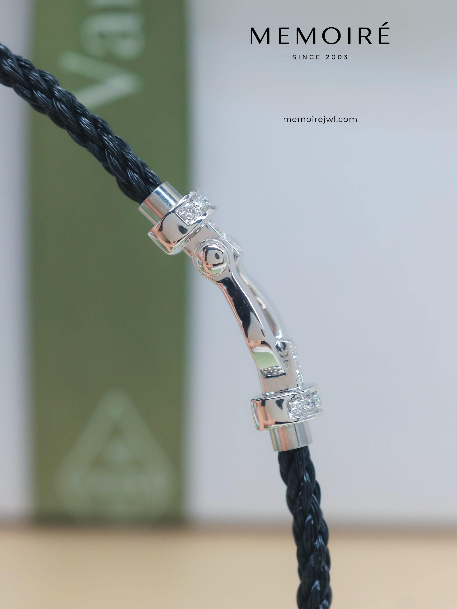 MEMOIRÉ White Gold Medium Half-Pave Horseshoe Buckle Black Nylon Cord Bracelet - Image 4