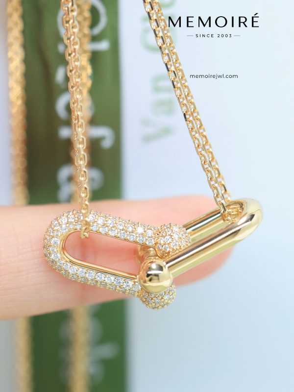 MEMOIRÉ Yellow Gold Large U-Link Horseshoe Necklace with Partial Diamond Pavé