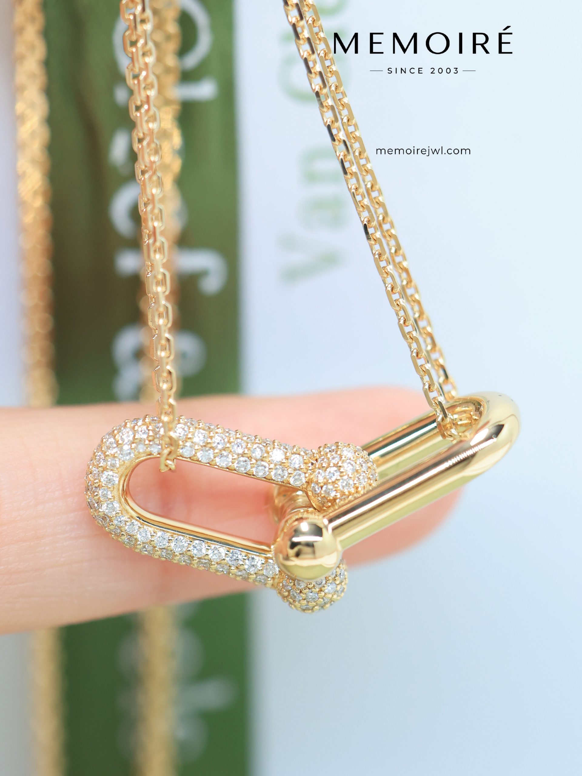 MEMOIRÉ Yellow Gold Large U-Link Horseshoe Necklace with Partial Diamond Pavé
