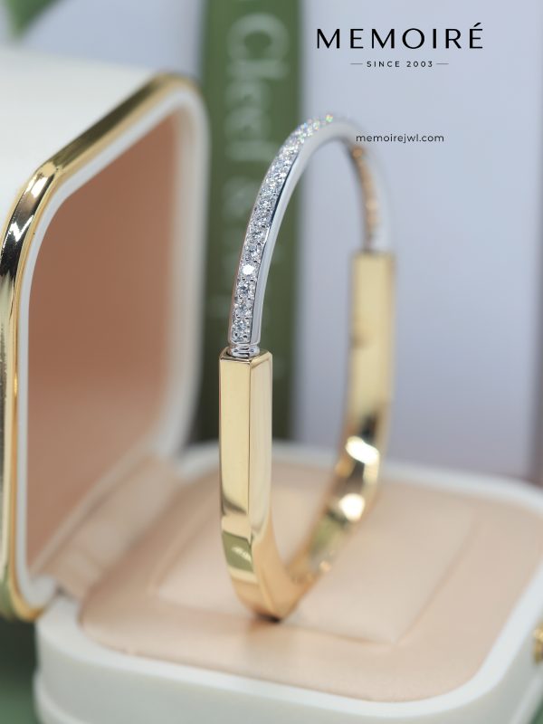 MÉMOIRÉ Two-Tone Half Pave Diamond 18K Gold Open Cuff Bangle