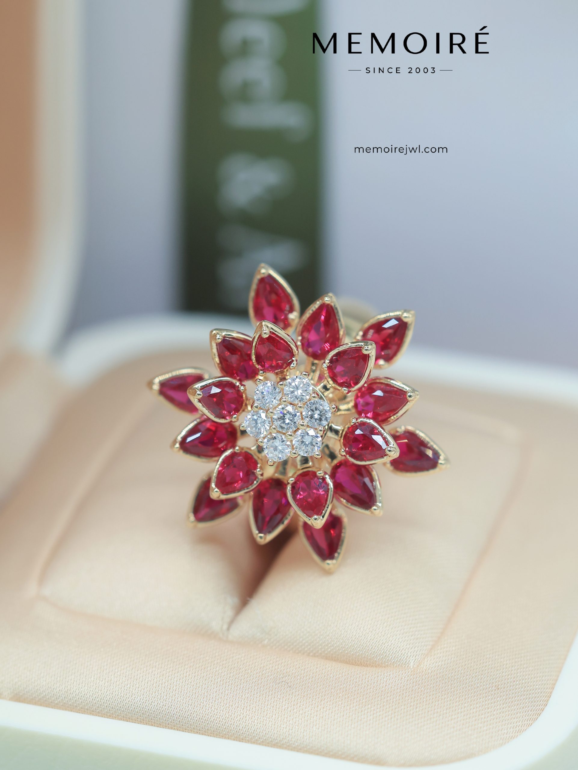 MÉMOIRÉ 18K Gold Floral Pear Ruby Cocktail Diamond Ring - Image 3