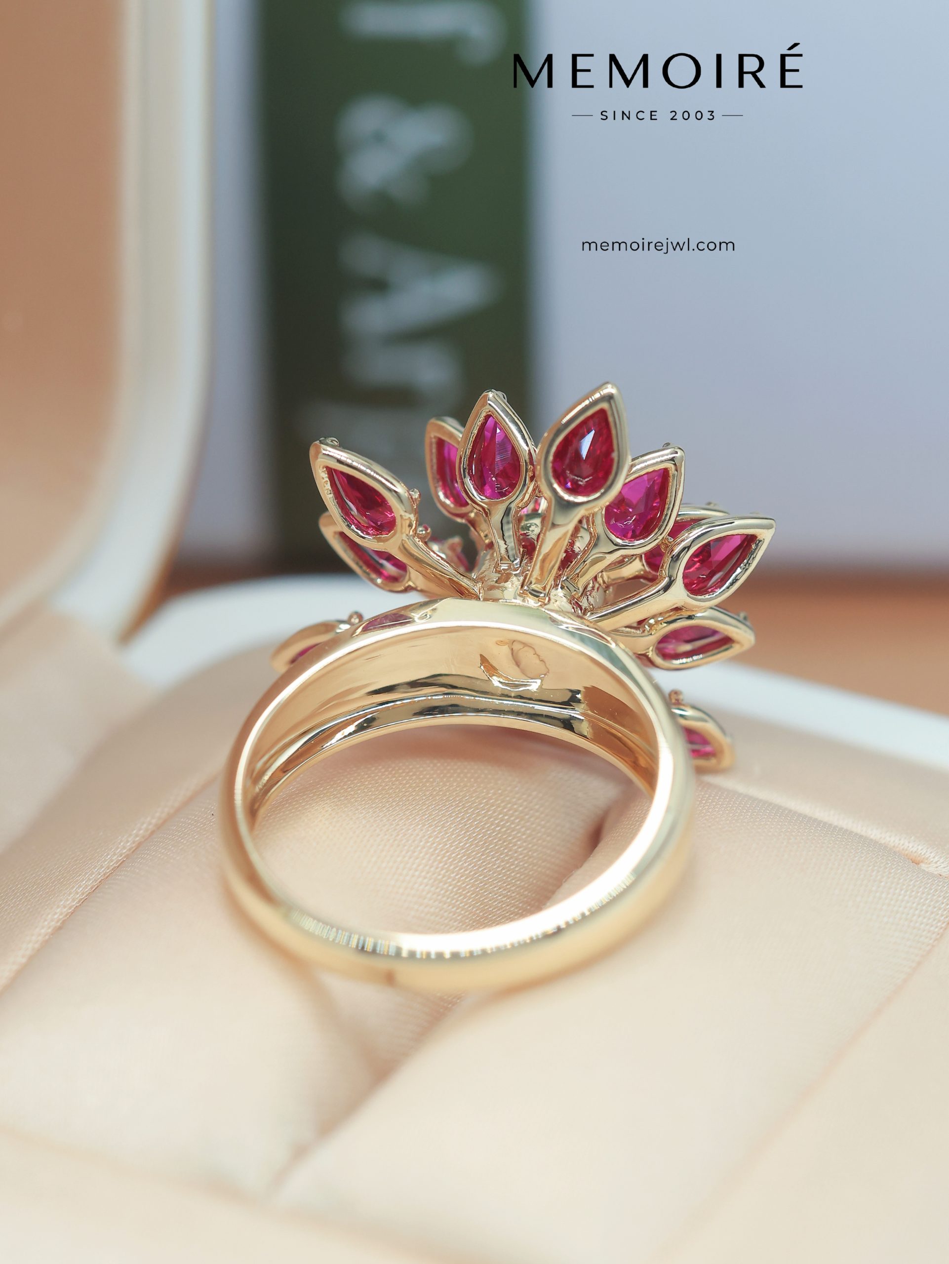 MÉMOIRÉ 18K Gold Floral Pear Ruby Cocktail Diamond Ring - Image 4