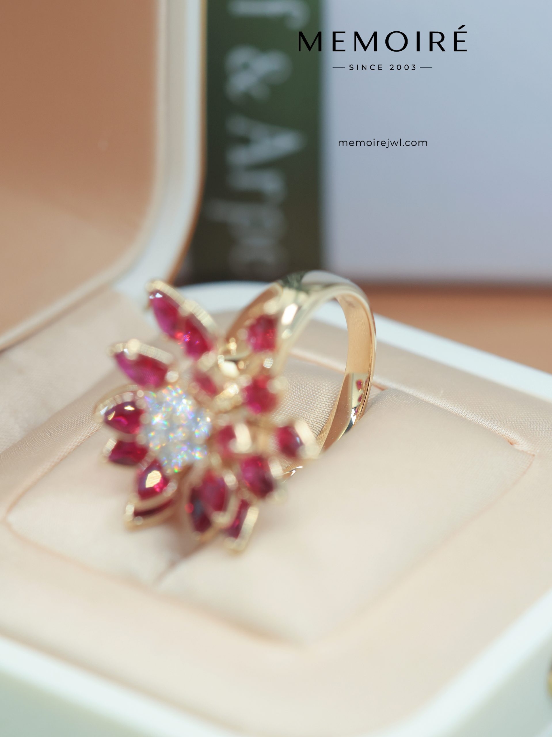 MÉMOIRÉ 18K Gold Floral Pear Ruby Cocktail Diamond Ring - Image 5