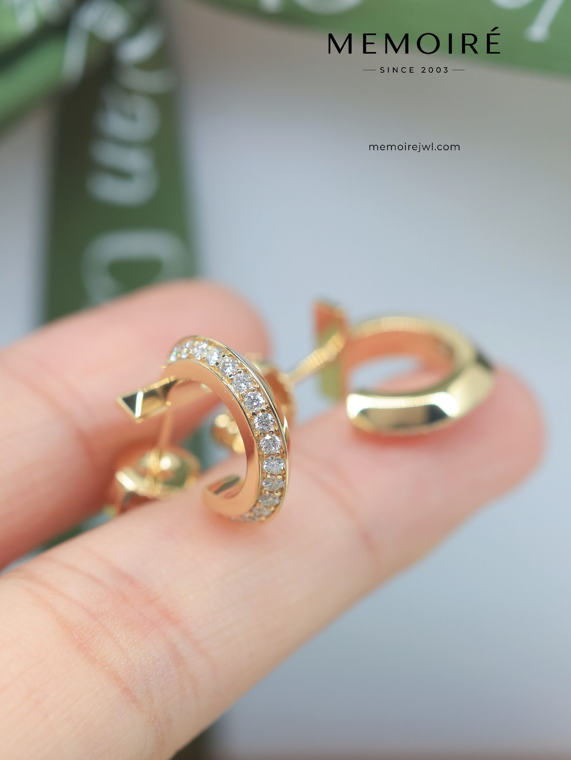 MEMOIRÉ Yellow Gold T1 Half-Pave Diamond Hoop Earrings - Image 3