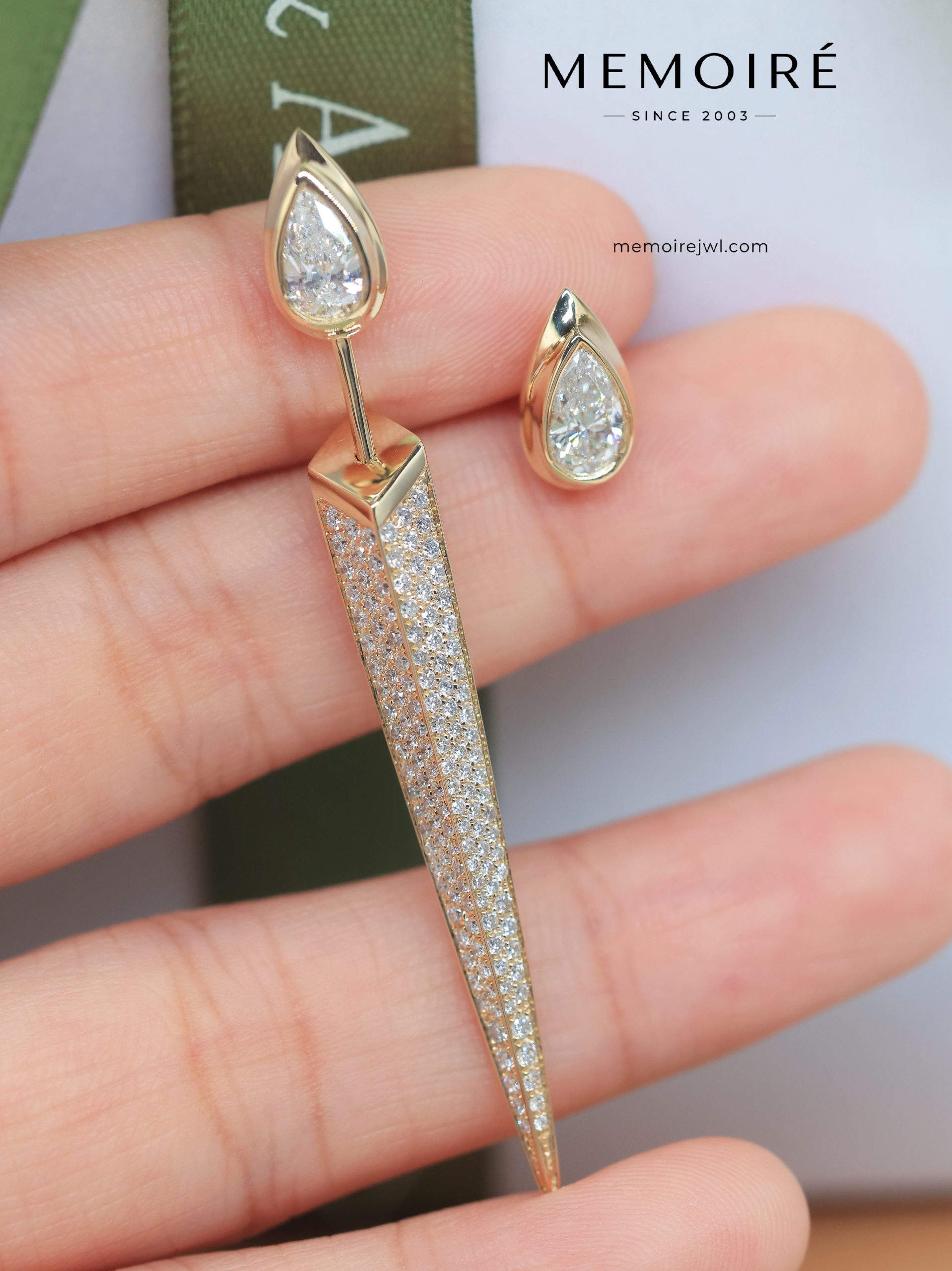 MÉMOIRÉ 18K Gold Mismatch Pear Pave Spike Drop Diamond Earrings