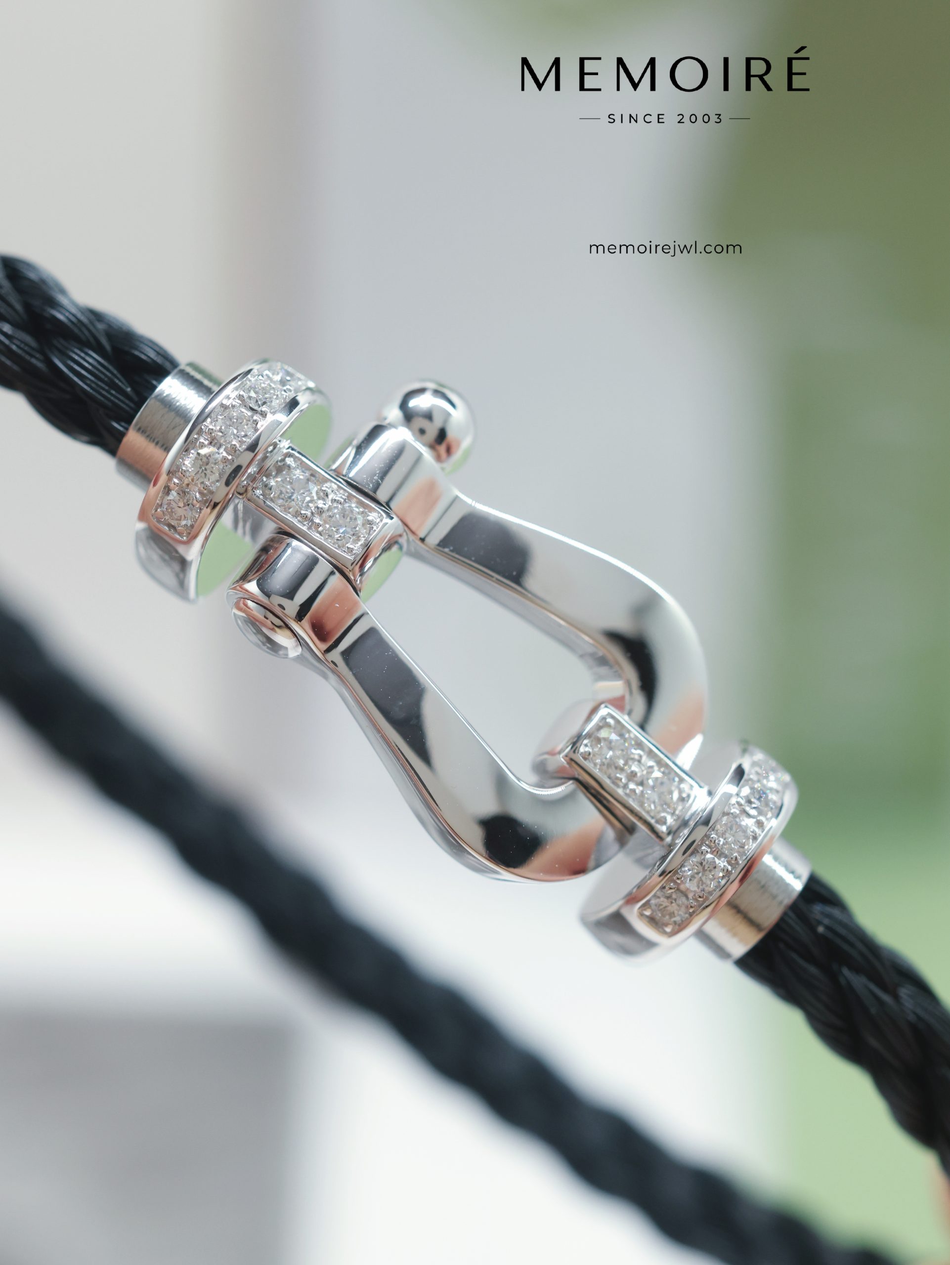 MEMOIRÉ White Gold Medium Half-Pave Horseshoe Buckle Black Nylon Cord Bracelet - Image 5