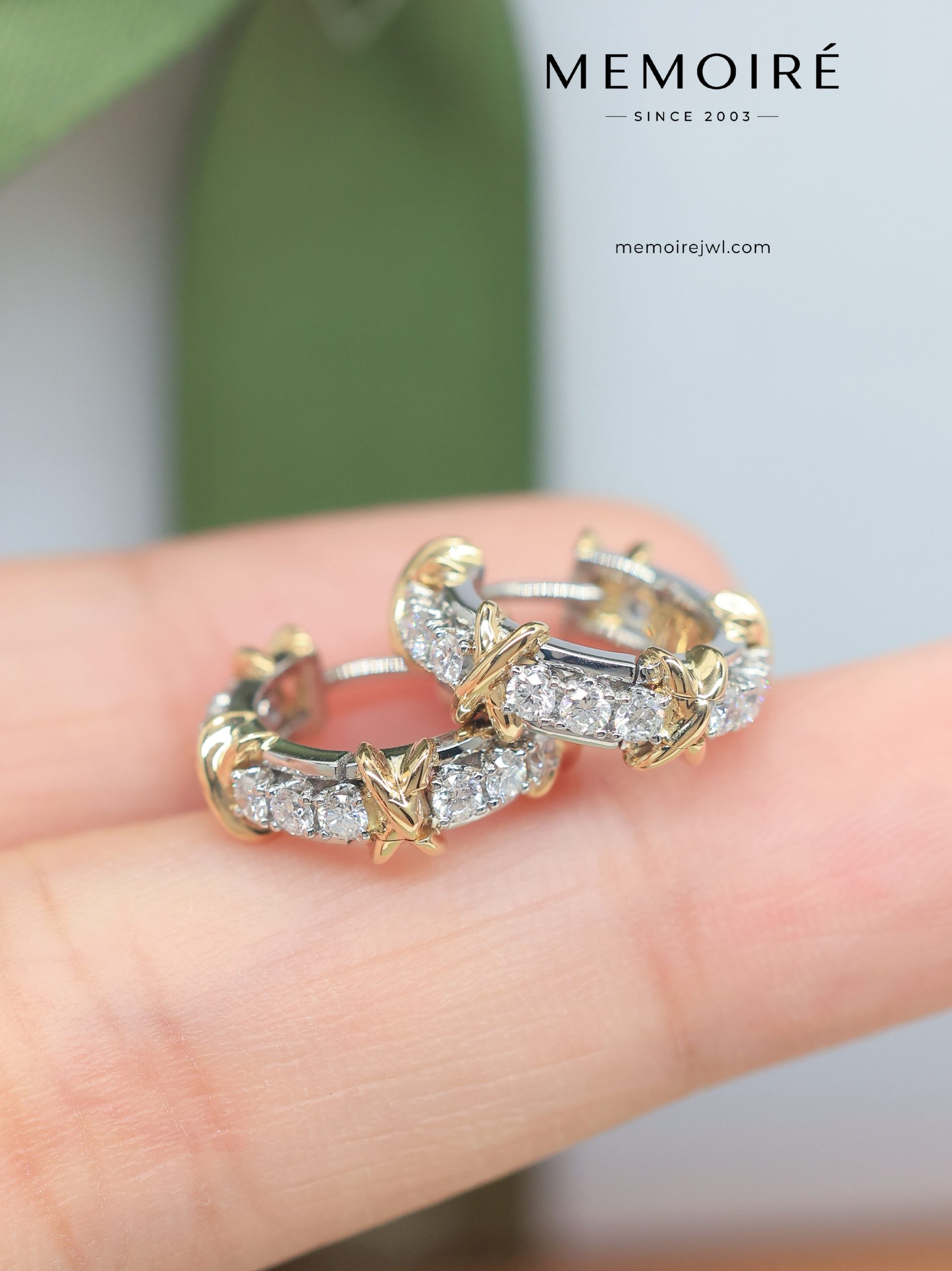 MÉMOIRÉ Two-Tone X Clasp Full Pave Diamond Mini Hoop Earrings - Image 3