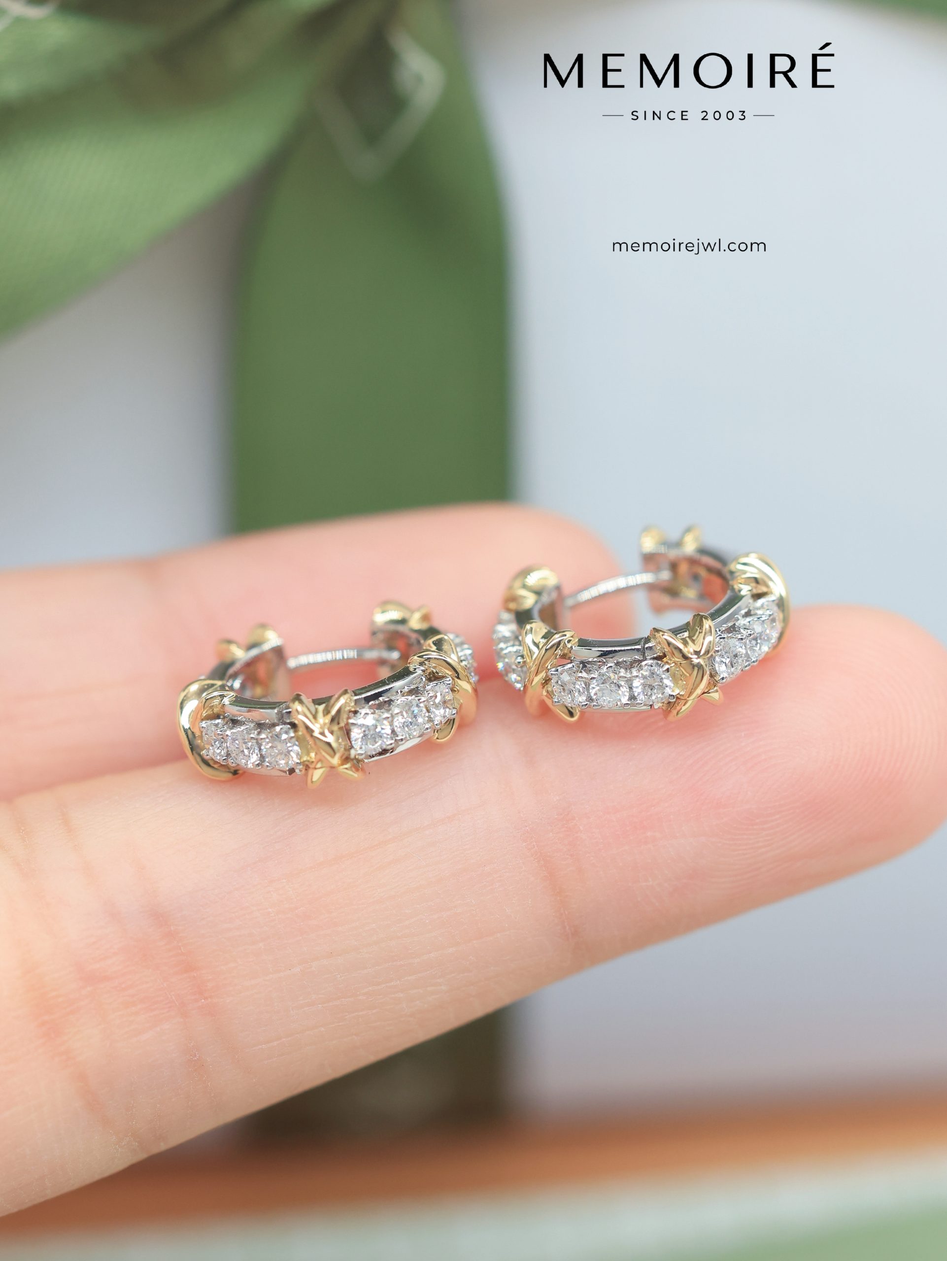 MÉMOIRÉ Two-Tone X Clasp Full Pave Diamond Mini Hoop Earrings