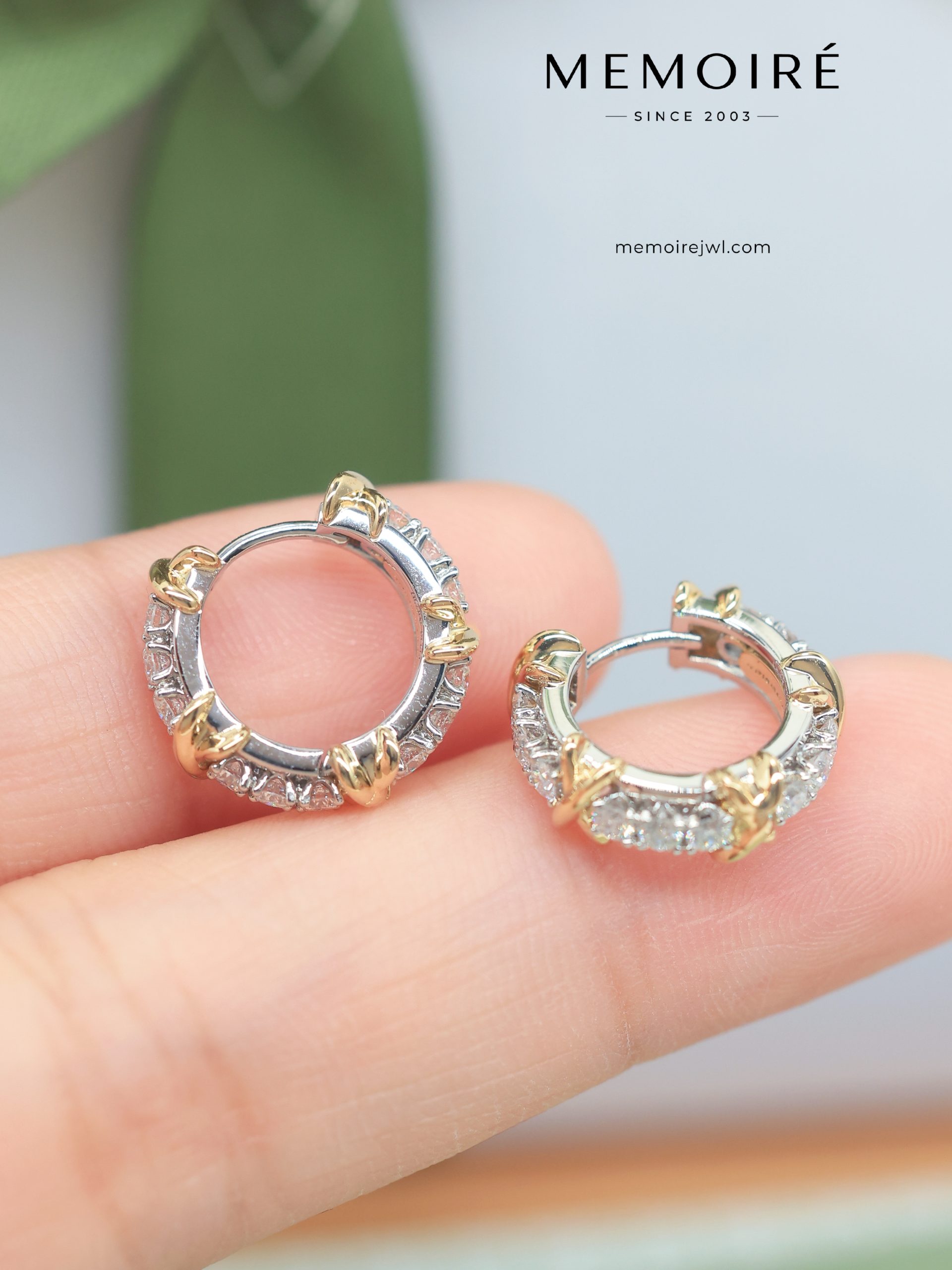 MÉMOIRÉ Two-Tone X Clasp Full Pave Diamond Mini Hoop Earrings - Image 4