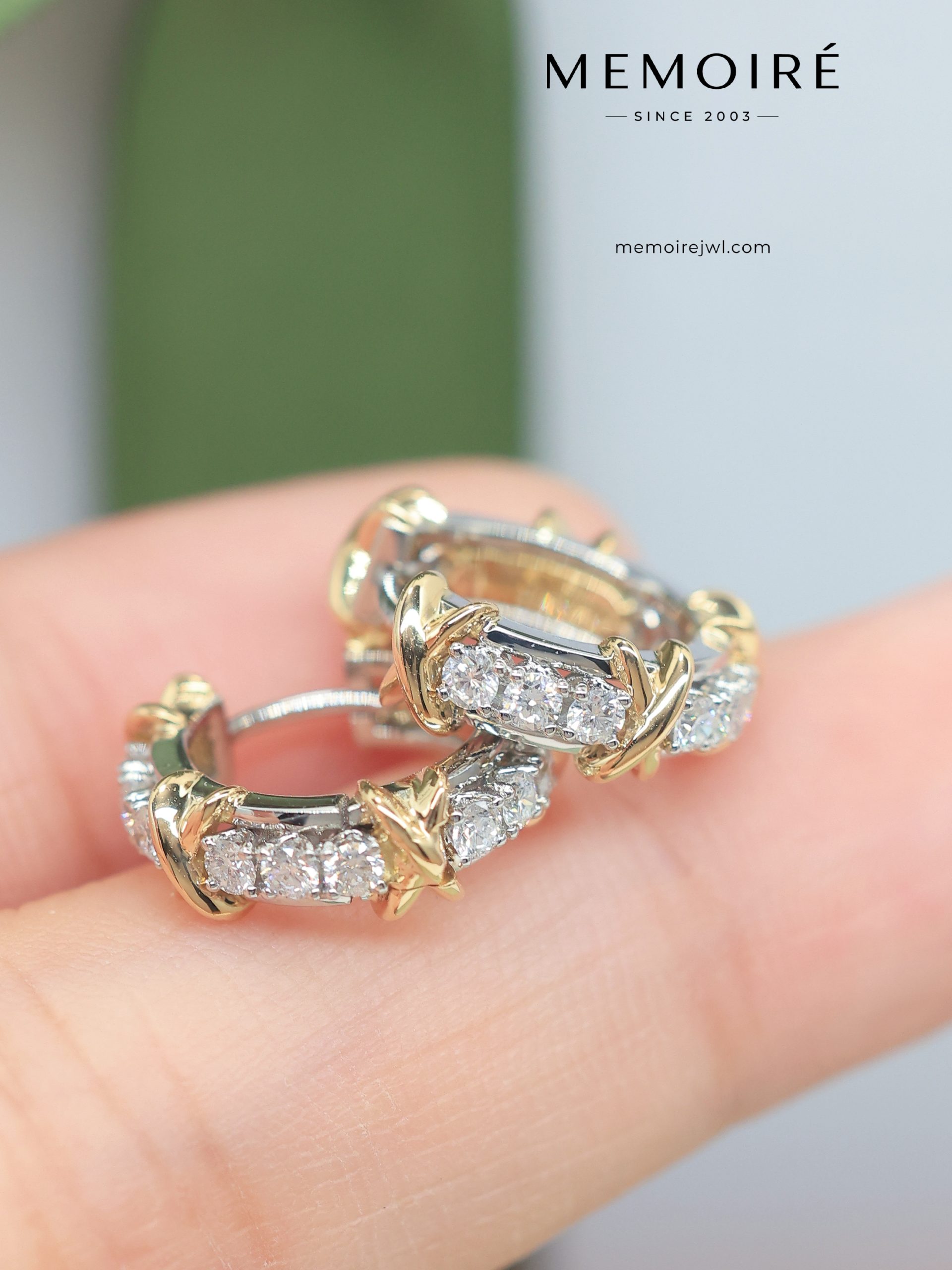 MÉMOIRÉ Two-Tone X Clasp Full Pave Diamond Mini Hoop Earrings - Image 5
