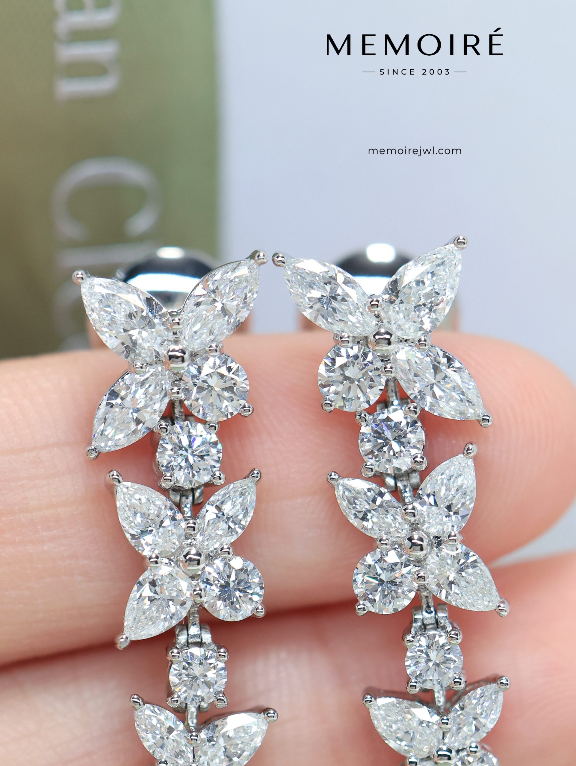 MEMOIRÉ Platinum Marquise, Pear & Round Diamond Cluster Drop Earrings - Image 3