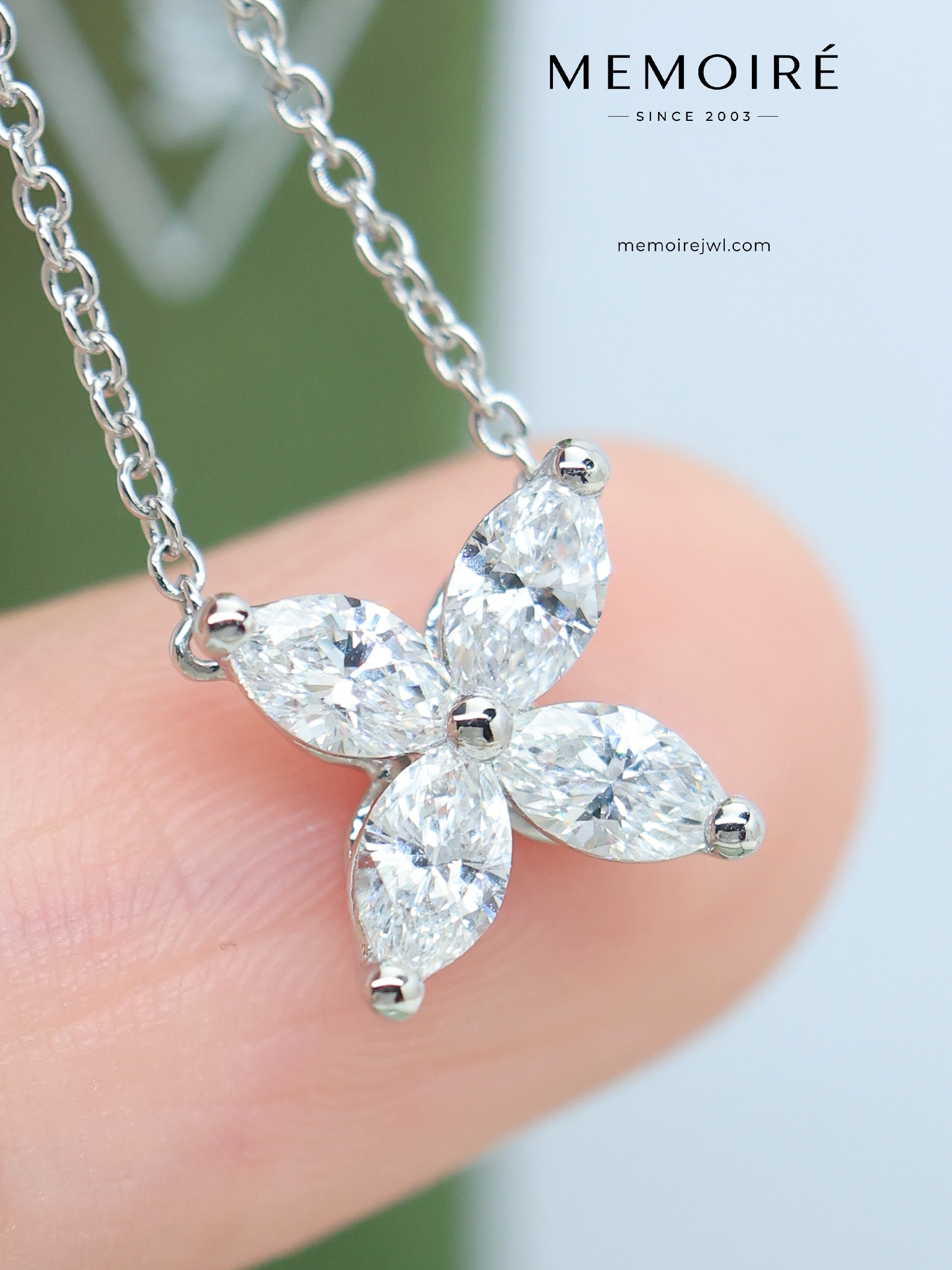 MEMOIRÉ Platinum 4 Marquise-Cut Diamond Flower Pendant Necklace - Image 3