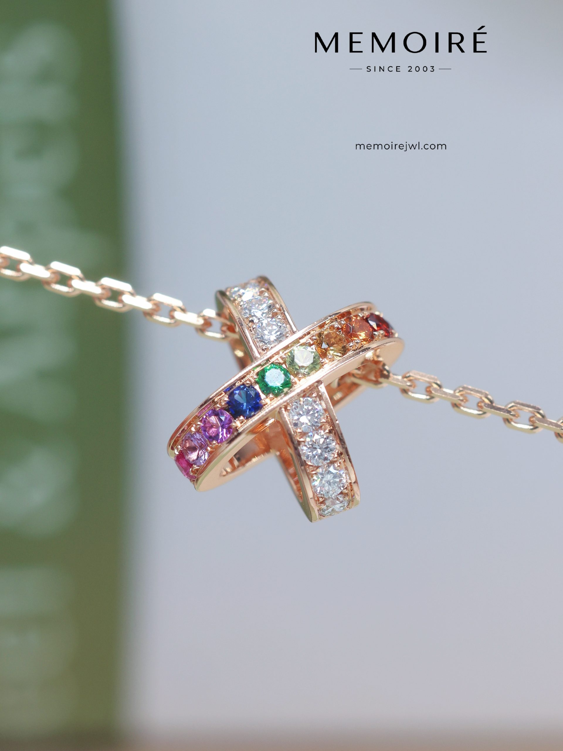 MEMOIRÉ Rose Gold Rainbow Gemstone Cross Necklace - Image 2