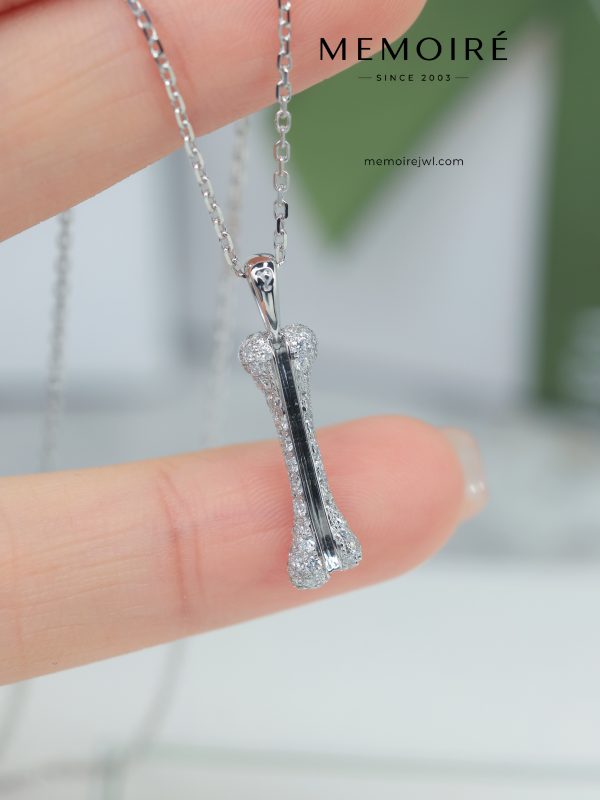 MÉMOIRÉ 18K White Gold Full Pave Diamond Bone Charm Pendant Necklace