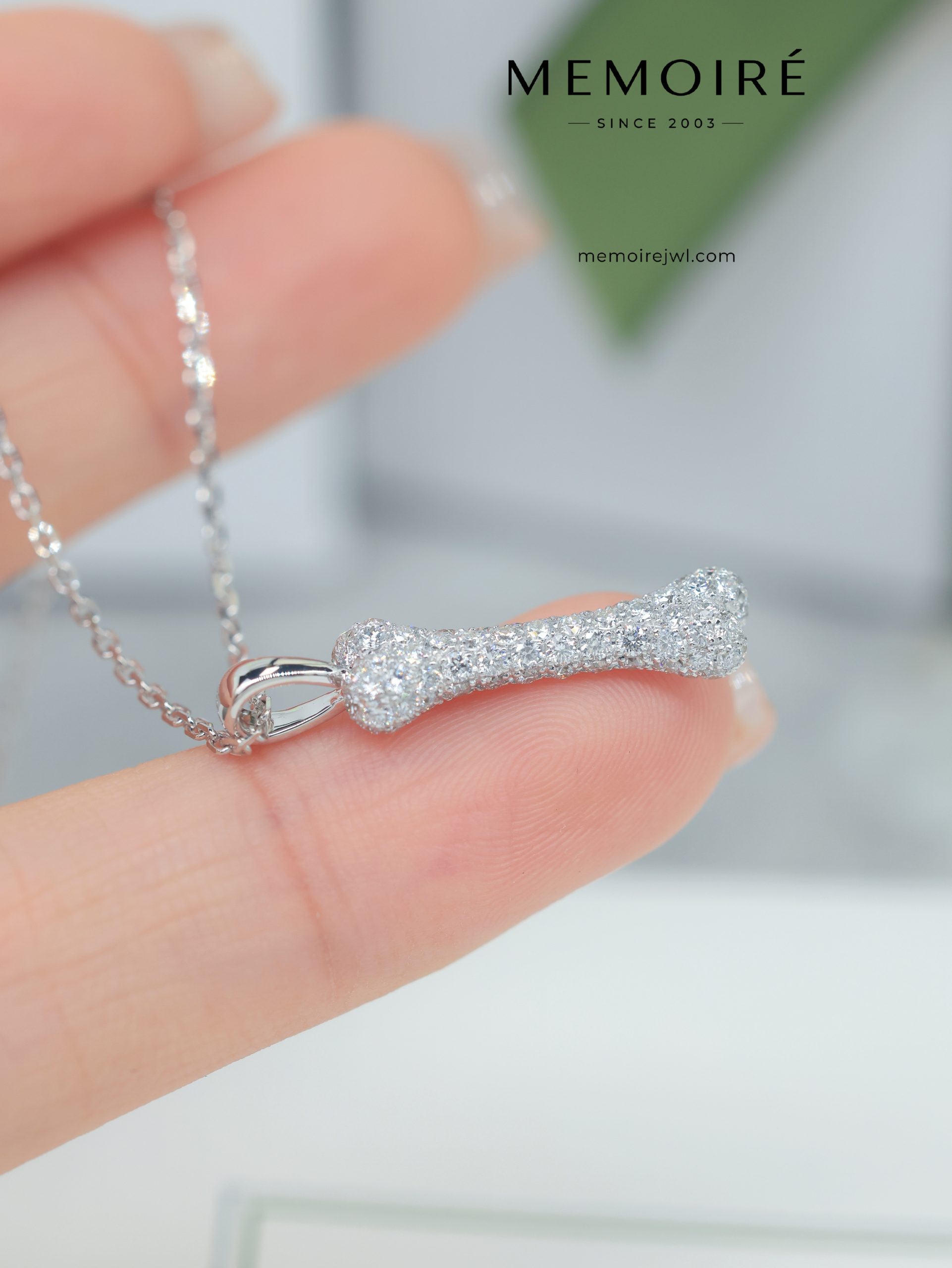 MÉMOIRÉ 18K White Gold Full Pave Diamond Bone Charm Pendant Necklace - Image 3