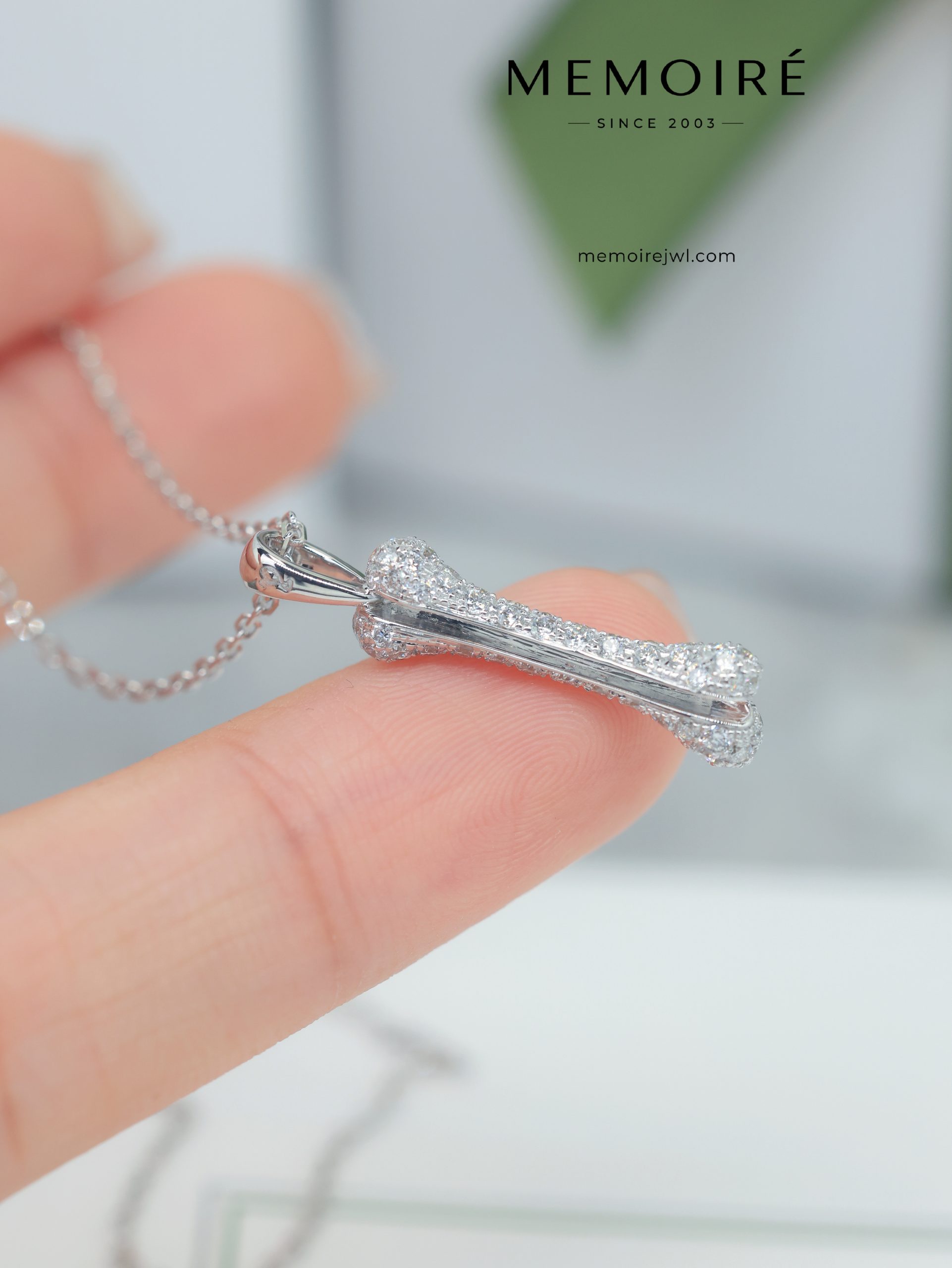 MÉMOIRÉ 18K White Gold Full Pave Diamond Bone Charm Pendant Necklace - Image 4