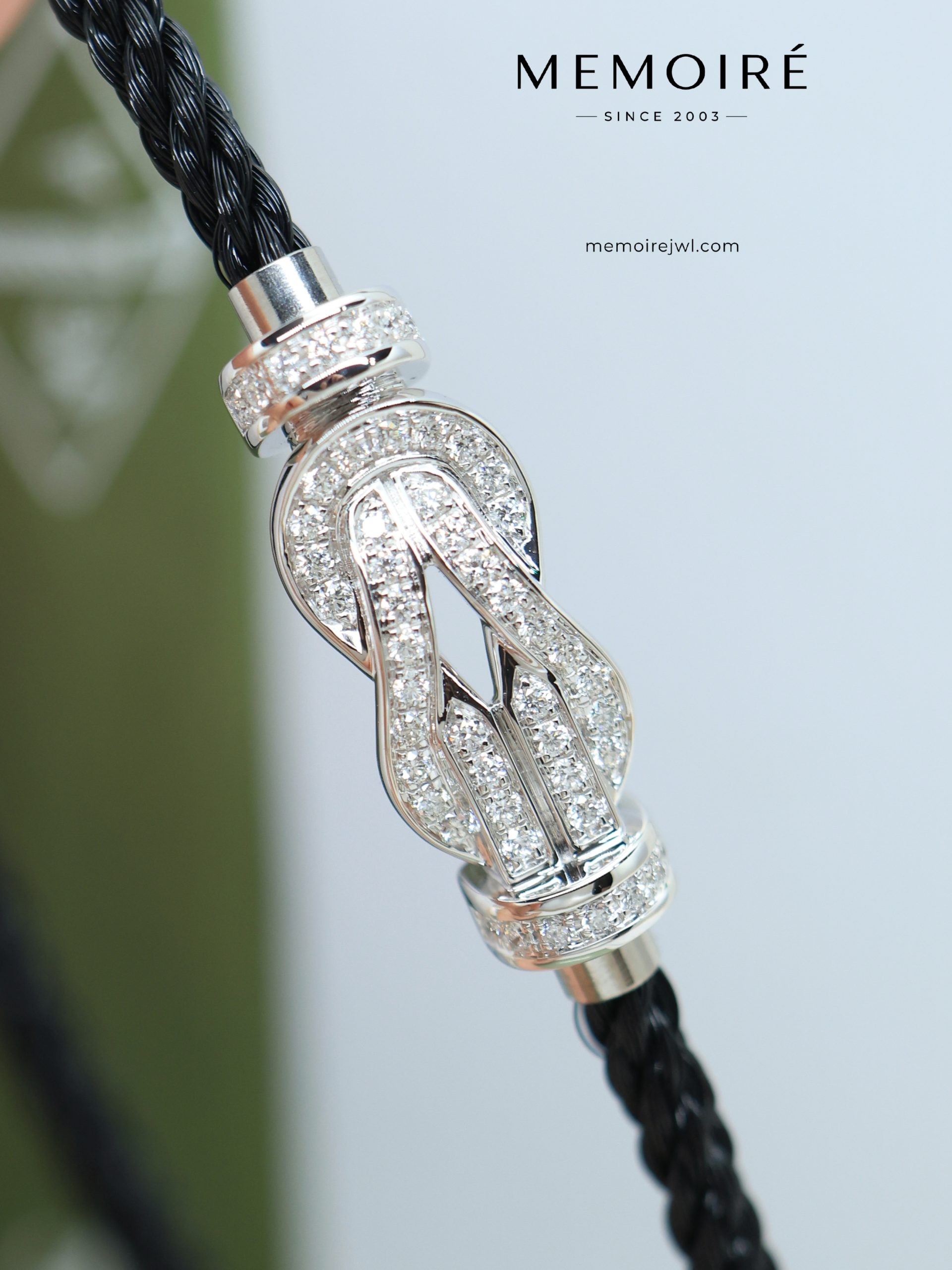 MEMOIRÉ White Gold Medium Full-Pave Figure-Eight Buckle Black Nylon Cord Bracelet - Image 3