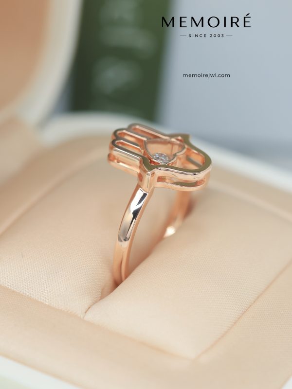 MEMOIRÉ 18K Rose Gold Hollow Hamsa Hand Heart Center Diamond Ring