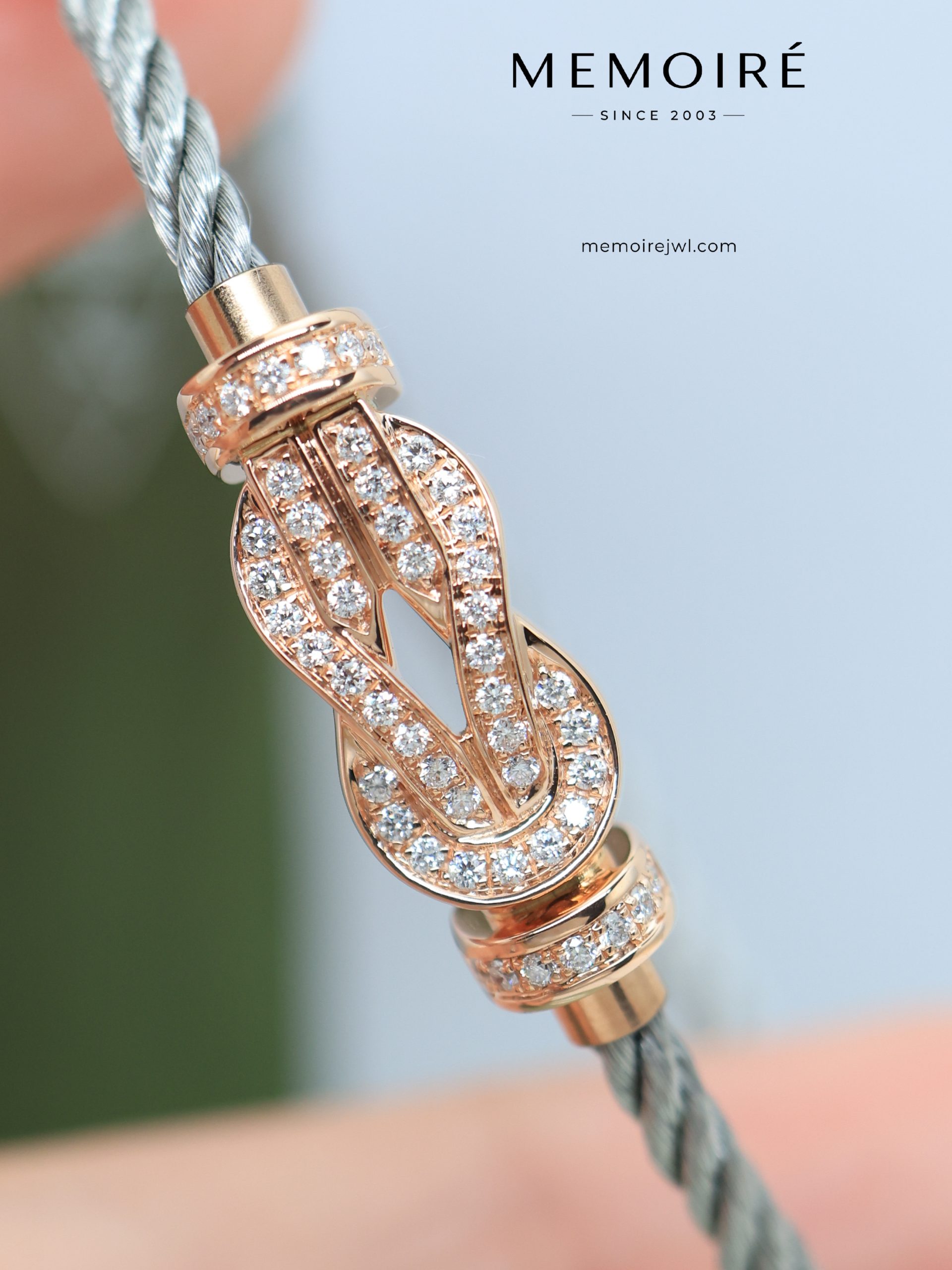 MEMOIRÉ Rose Gold Medium Full-Pave Figure-Eight Buckle Silver Nylon Cord Bracelet - Image 3