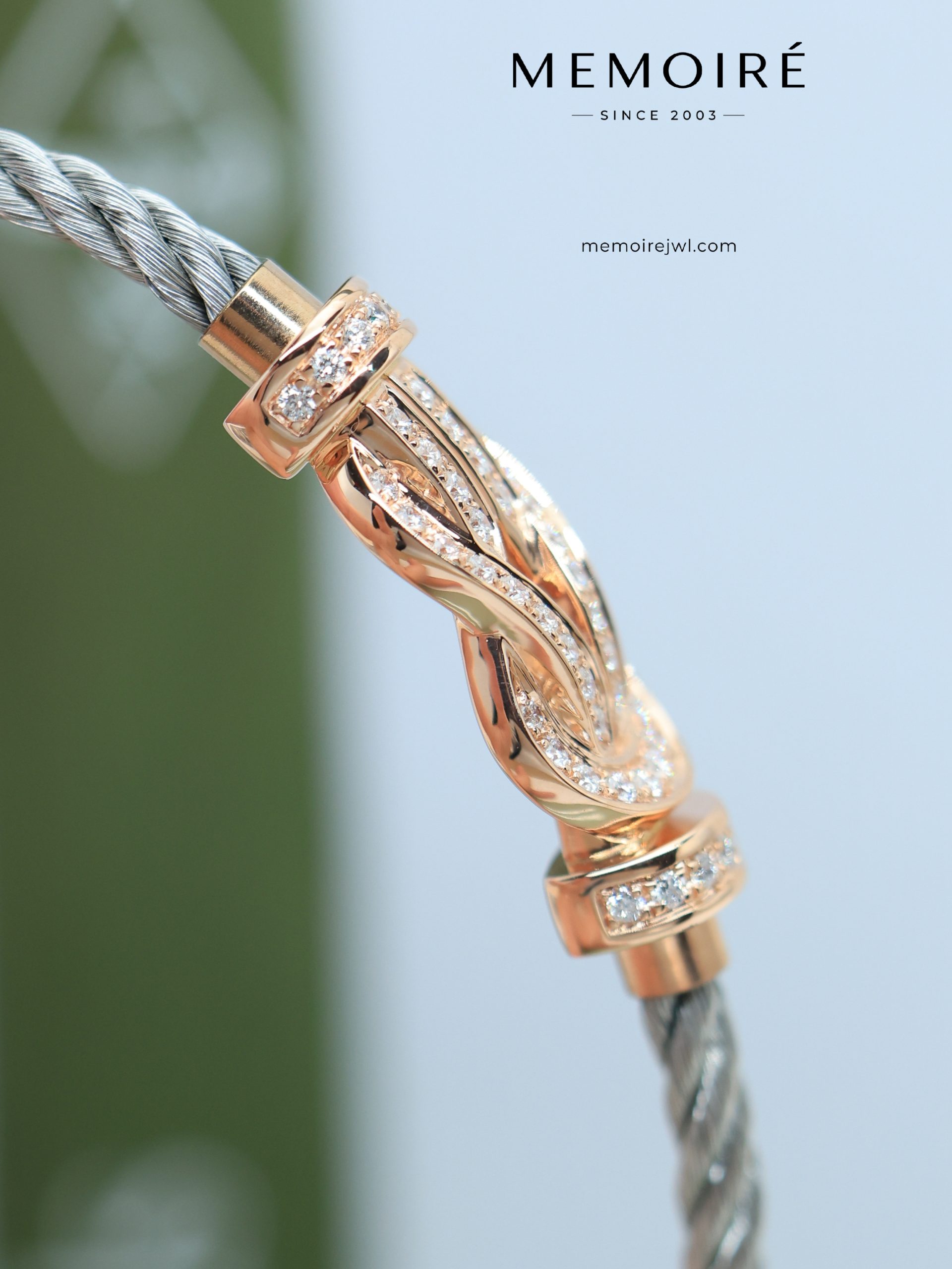 MEMOIRÉ Rose Gold Medium Full-Pave Figure-Eight Buckle Silver Nylon Cord Bracelet - Image 4