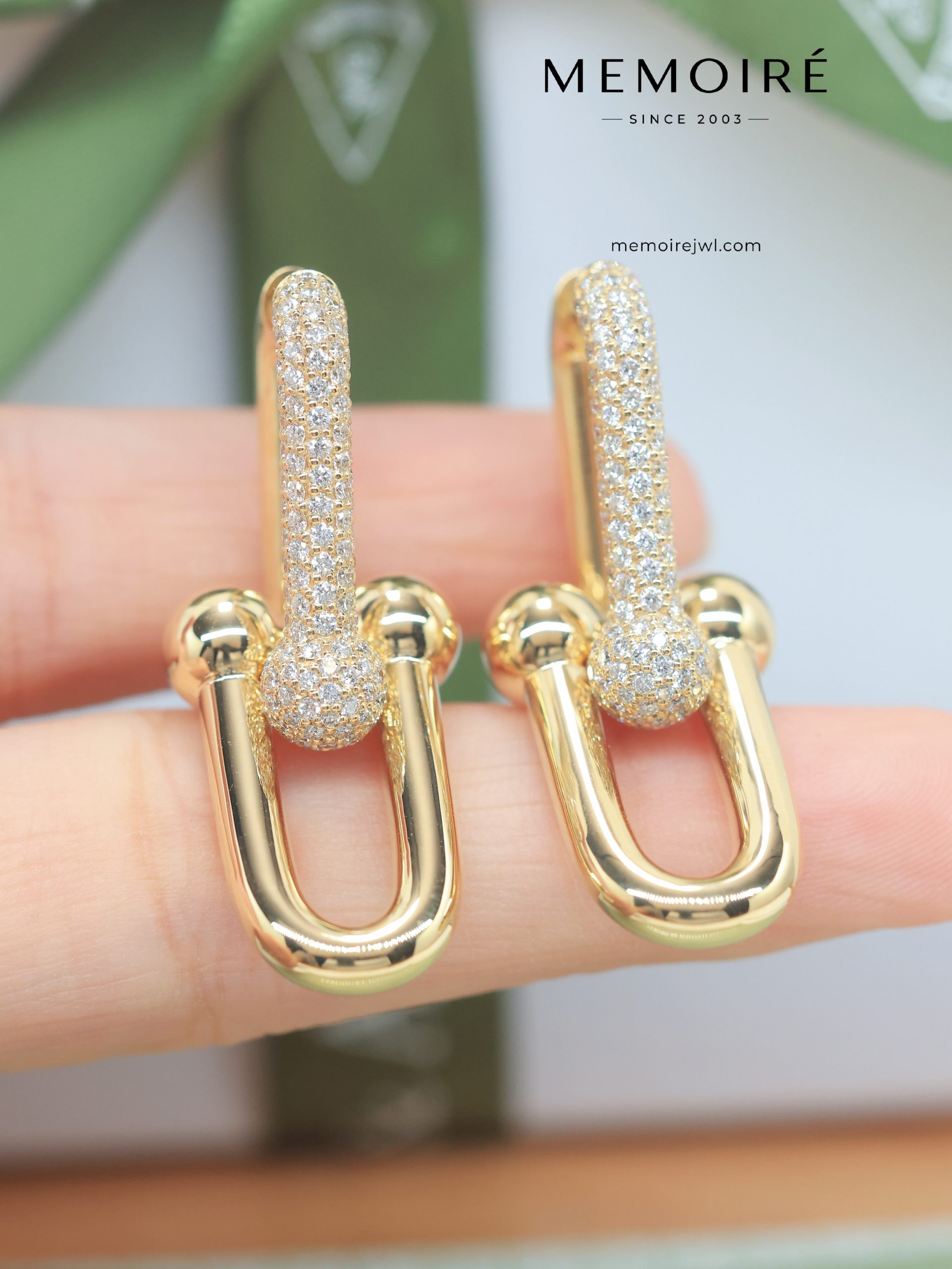 MEMOIRÉ Yellow Gold Large U-Link Horseshoe Earrings with Partial Diamond Pavé