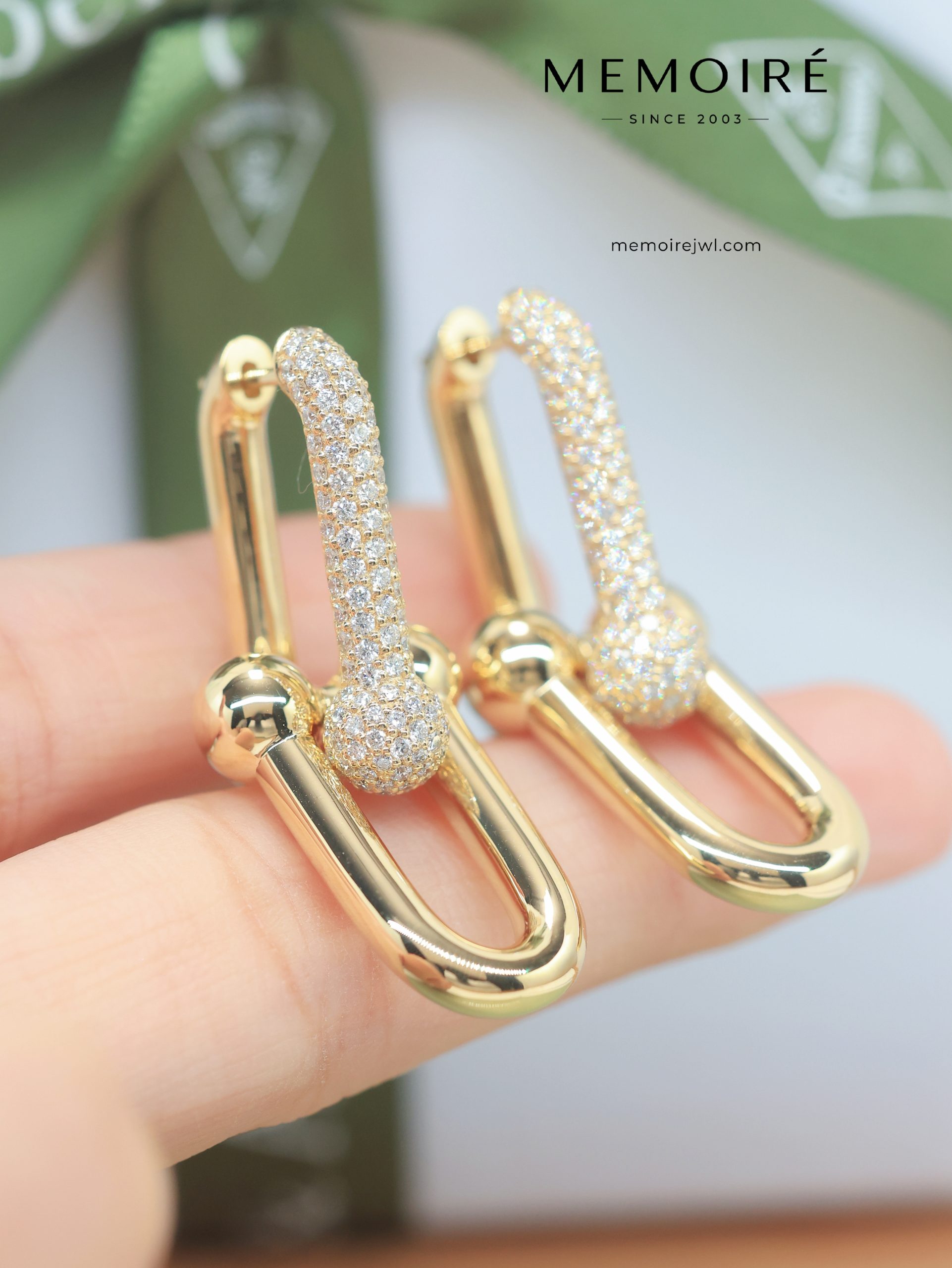 MEMOIRÉ Yellow Gold Large U-Link Horseshoe Earrings with Partial Diamond Pavé - Image 3