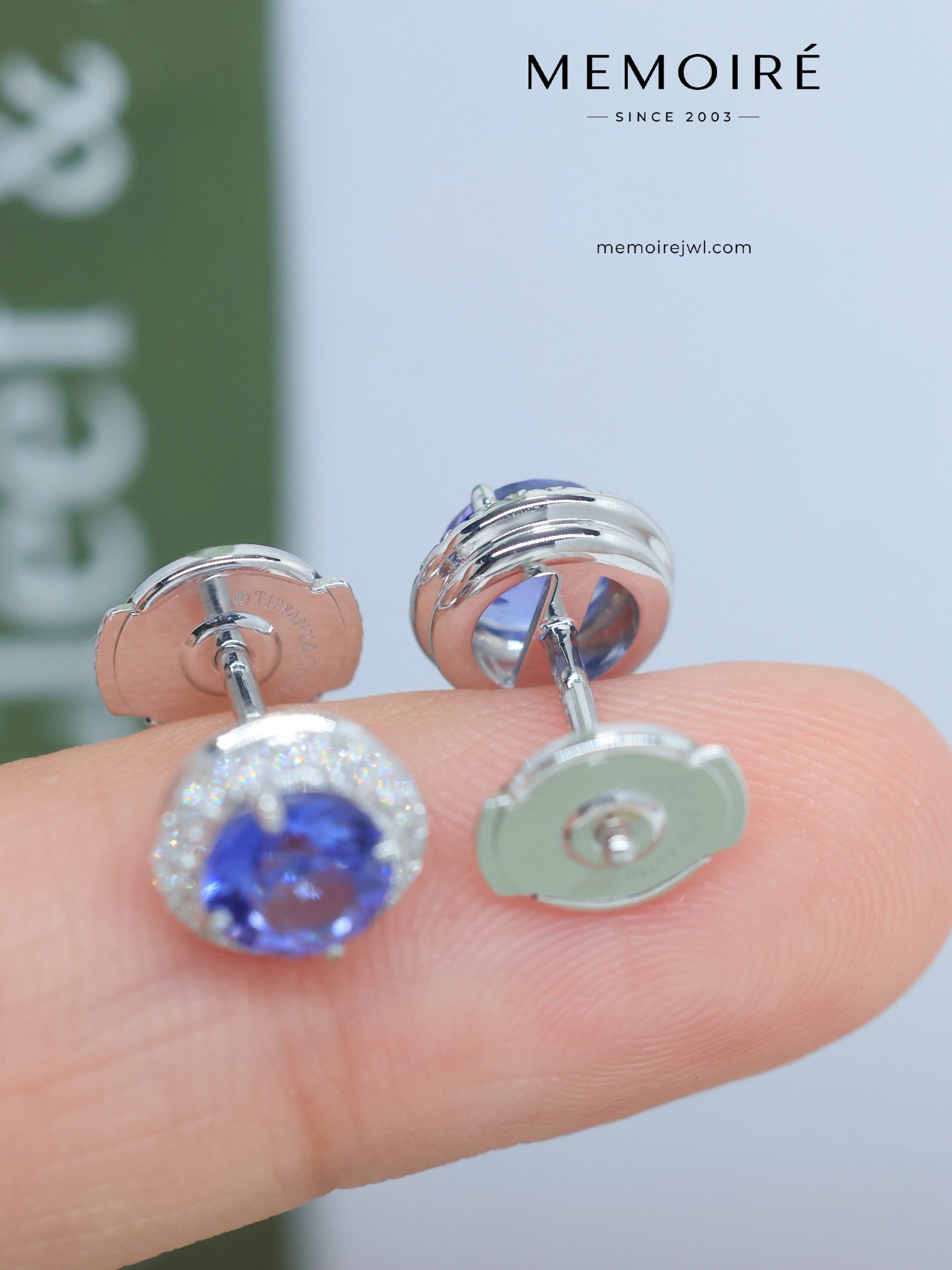 MEMOIRÉ Platinum 0.50ct Tanzanite & Diamond Halo Stud Earrings - Image 4