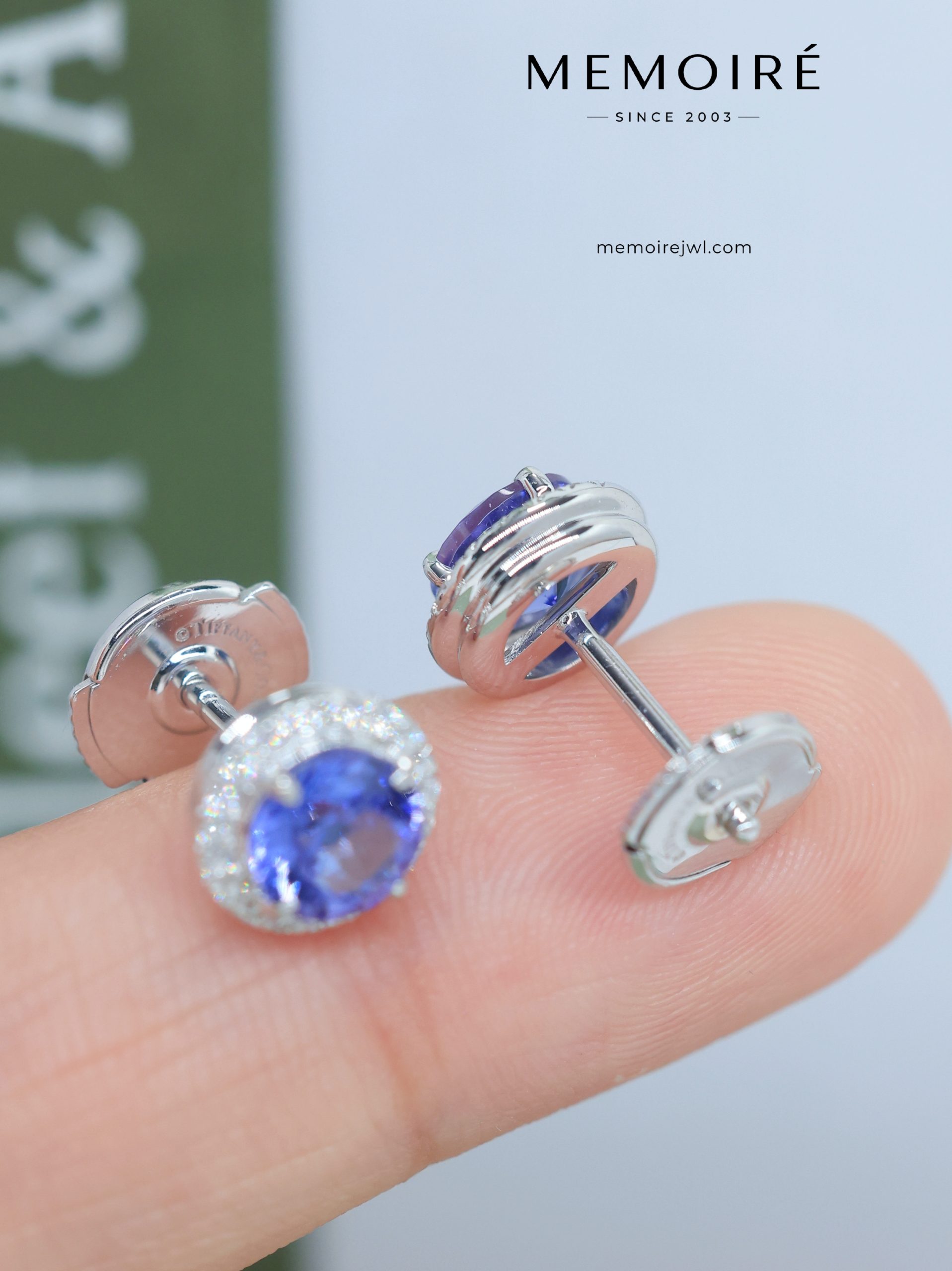 MEMOIRÉ Platinum 0.50ct Tanzanite & Diamond Halo Stud Earrings - Image 5