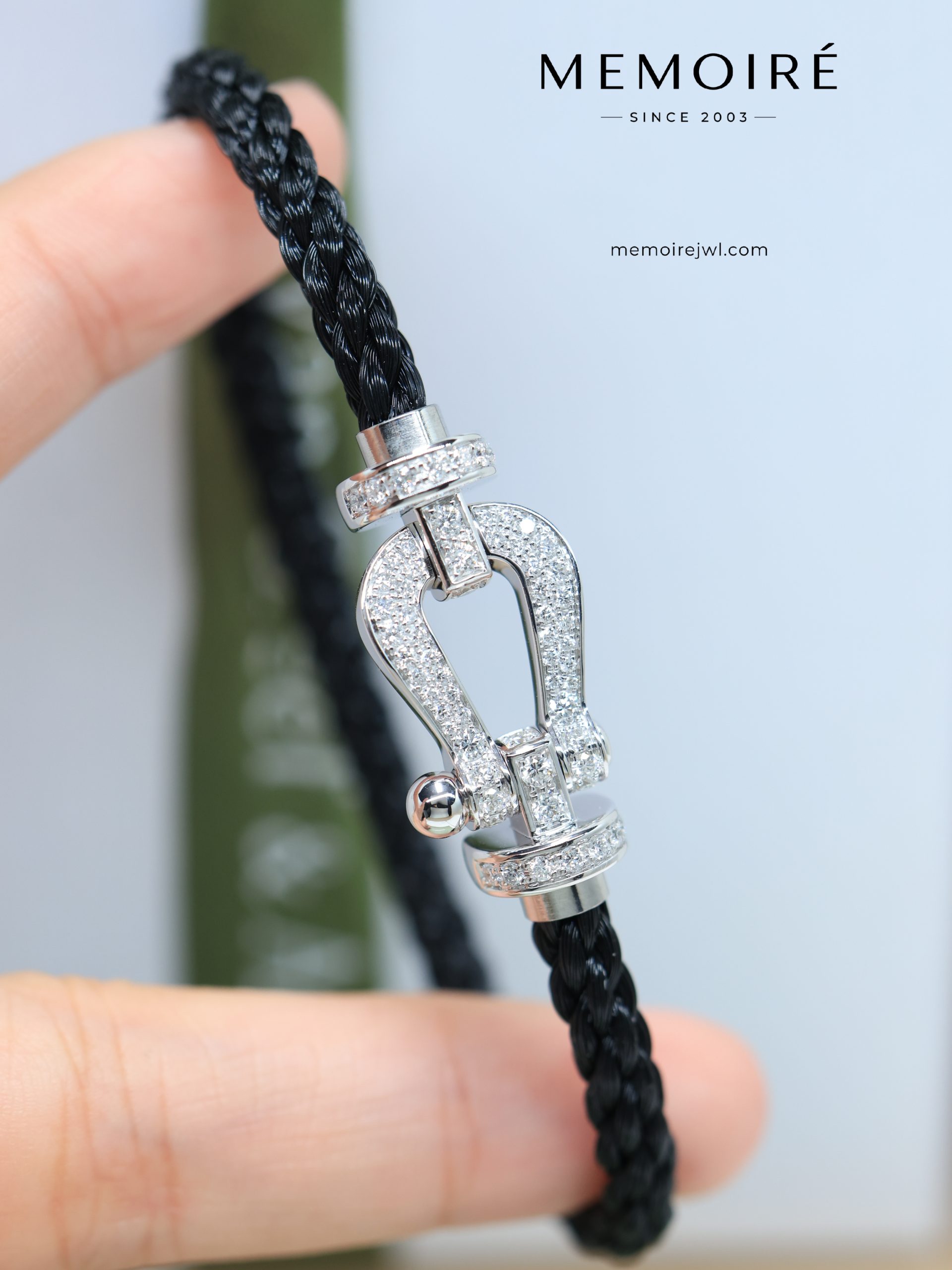 MEMOIRÉ White Gold Large Full-Pave Horseshoe Buckle Black Nylon Cord Bracelet