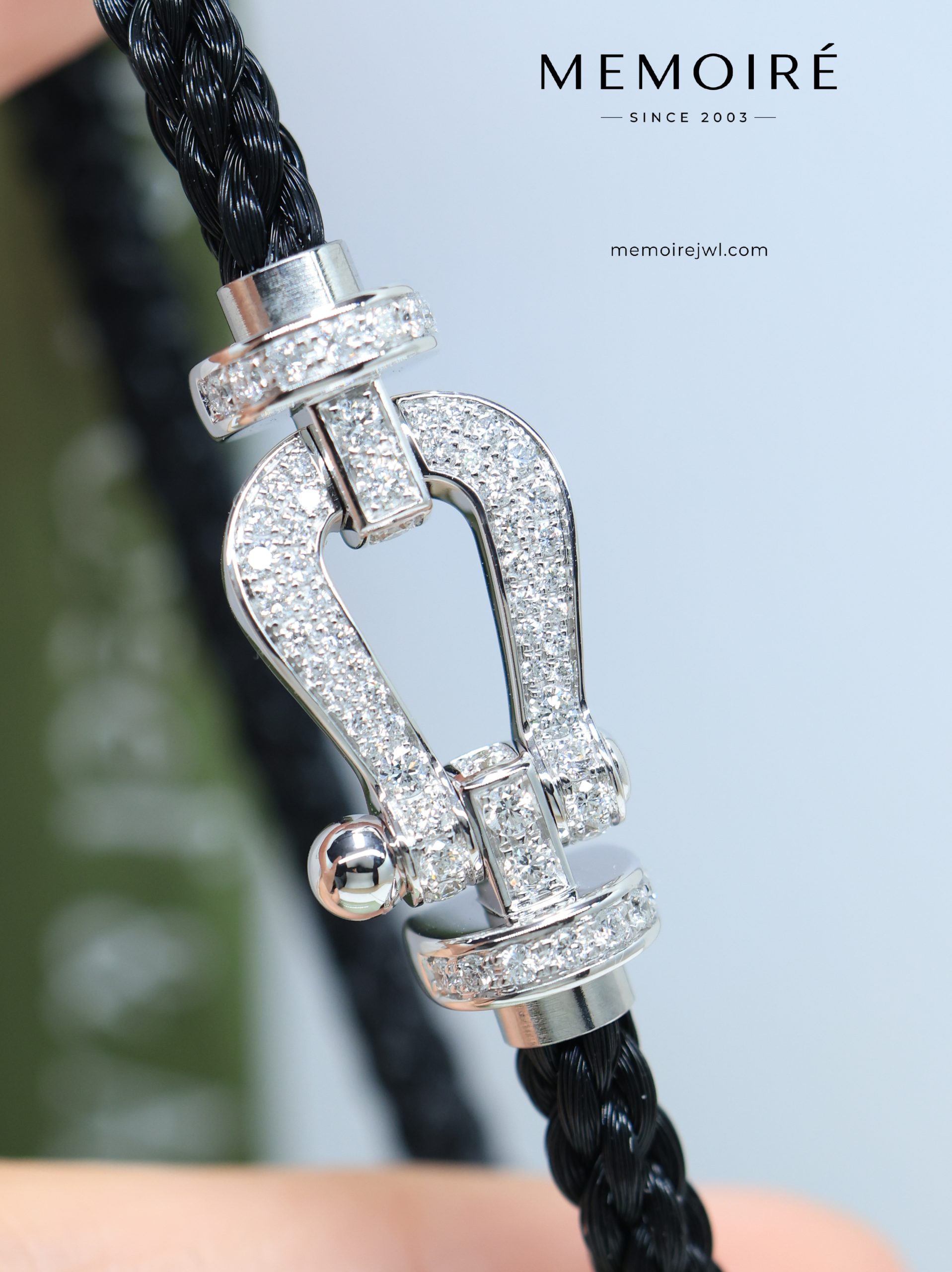 MEMOIRÉ White Gold Large Full-Pave Horseshoe Buckle Black Nylon Cord Bracelet - Image 3