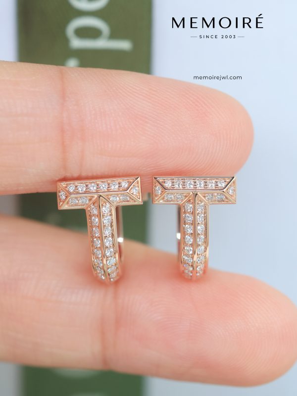 MEMOIRÉ Full Pave Diamond T-Shape U Hoop Earrings in Rose Gold