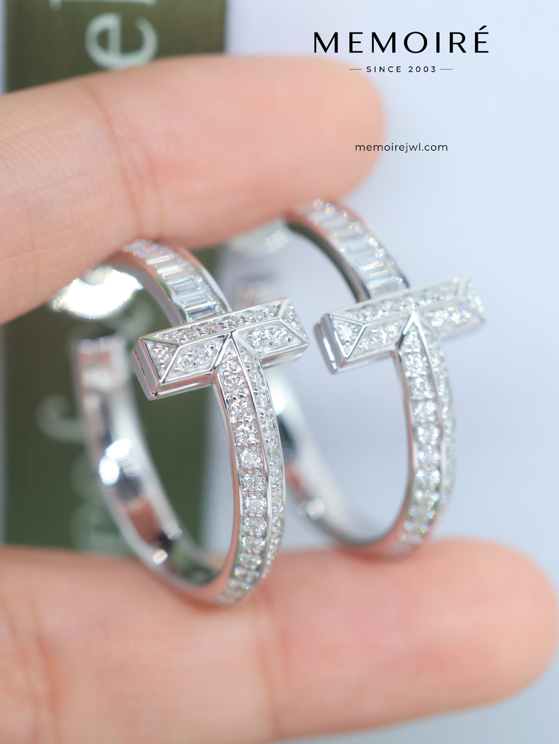 MEMOIRÉ Platinum Double T Full-Pave Diamond Hoop Earrings - Image 3