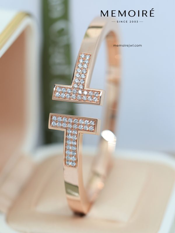 MEMOIRÉ Wide Full Pave Double T Cuff Bangle with Square Band in Rose Gold