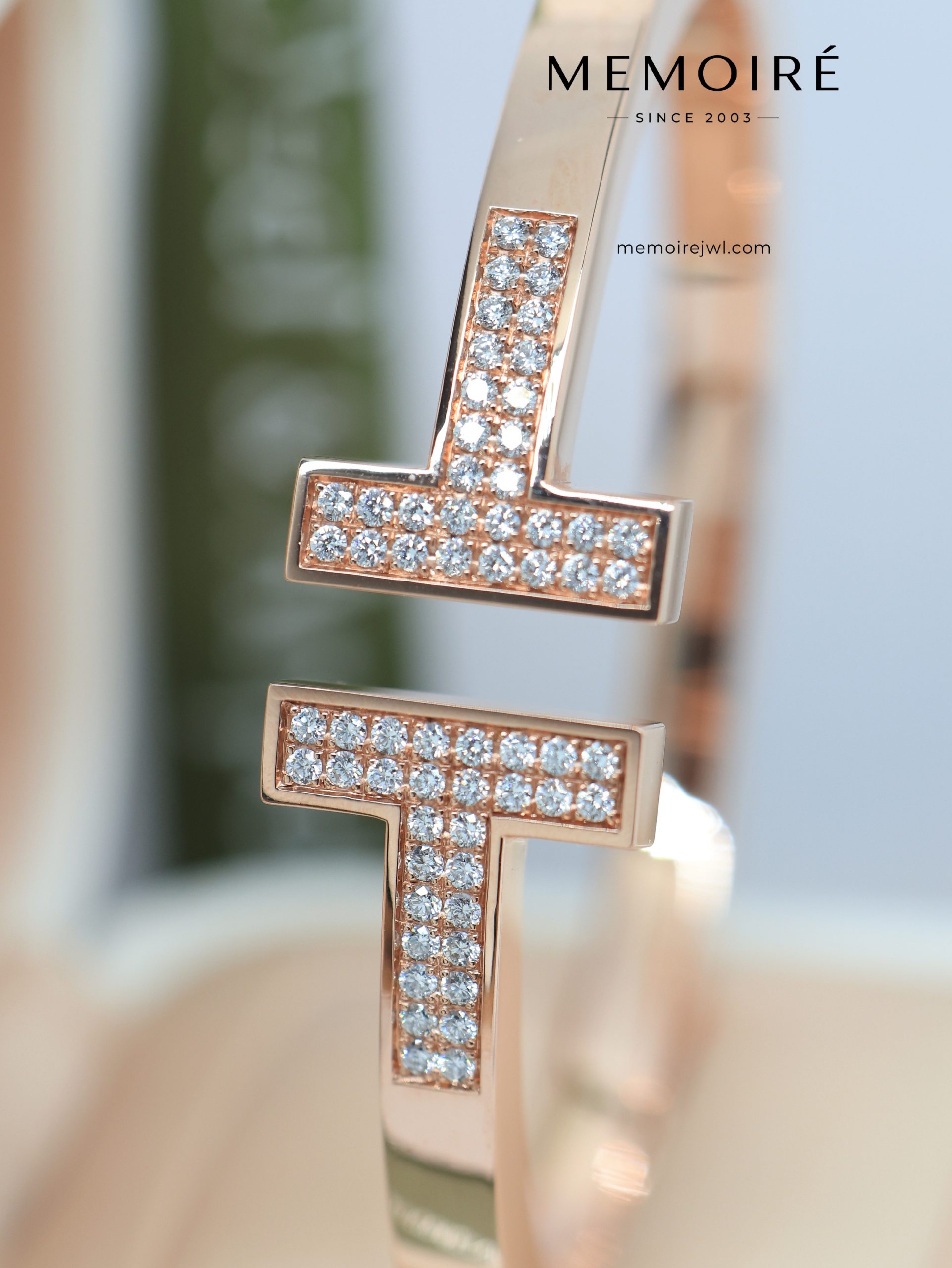 MEMOIRÉ Wide Full Pave Double T Cuff Bangle with Square Band in Rose Gold - Image 3
