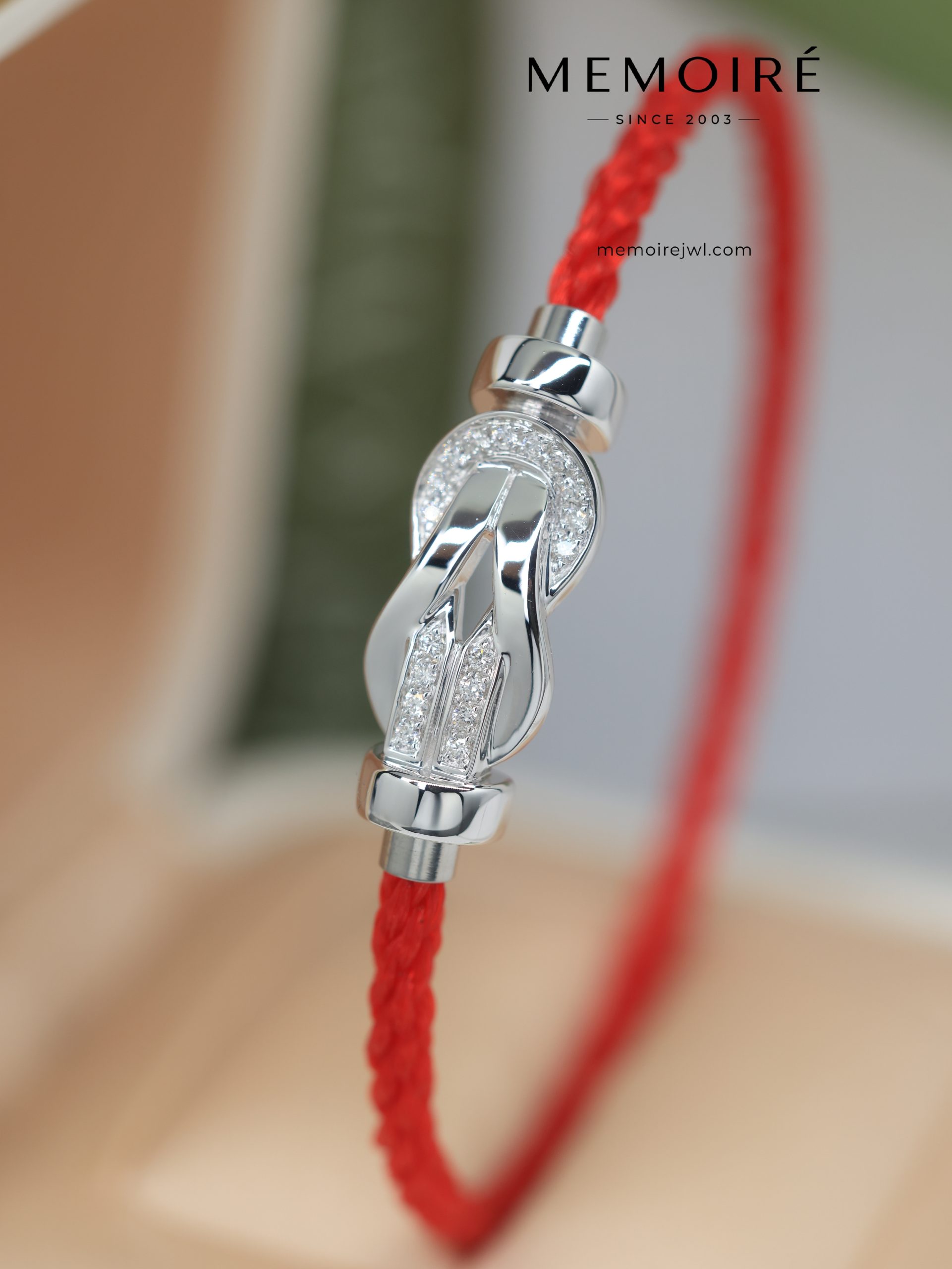 MEMOIRÉ White Gold Medium Half-Pave Figure-Eight Buckle Red Nylon Cord Bracelet