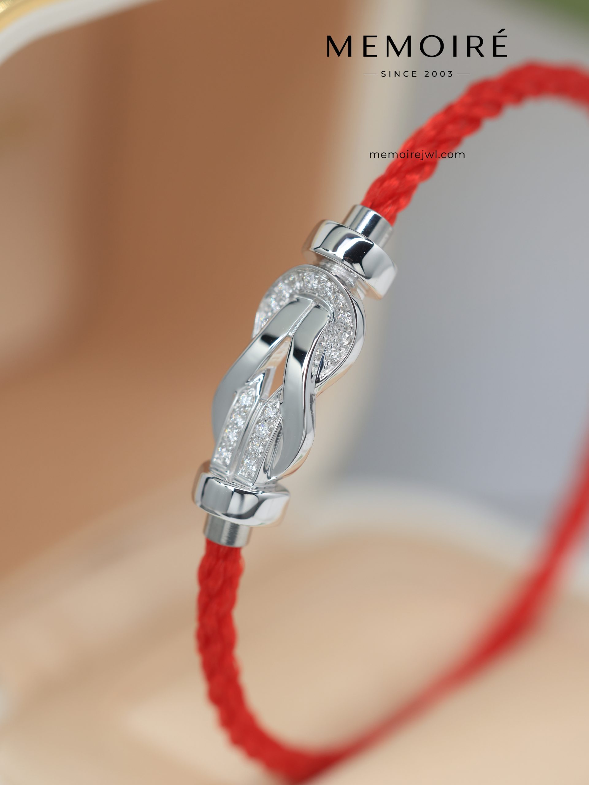MEMOIRÉ White Gold Medium Half-Pave Figure-Eight Buckle Red Nylon Cord Bracelet - Image 3