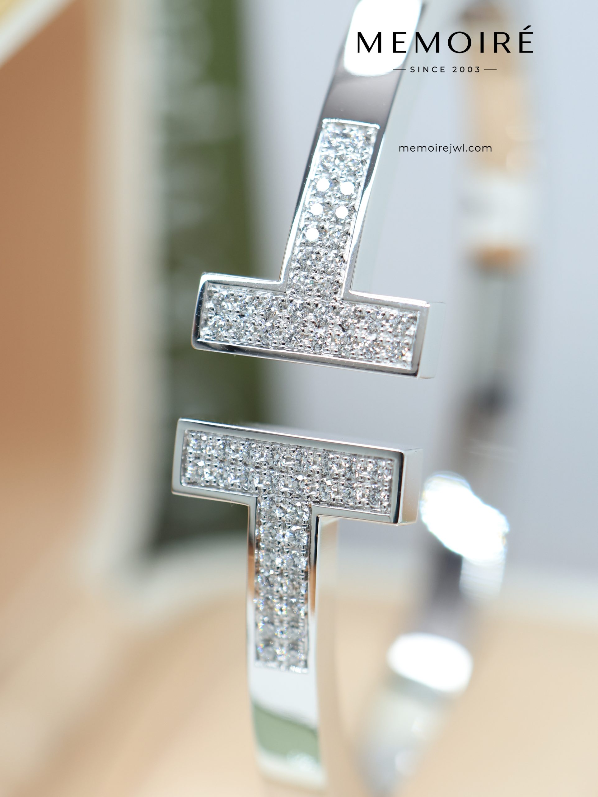 MEMOIRÉ Platinum Wide Diamond-Set Double T Bangle (Square Bangle Arm) - Image 3