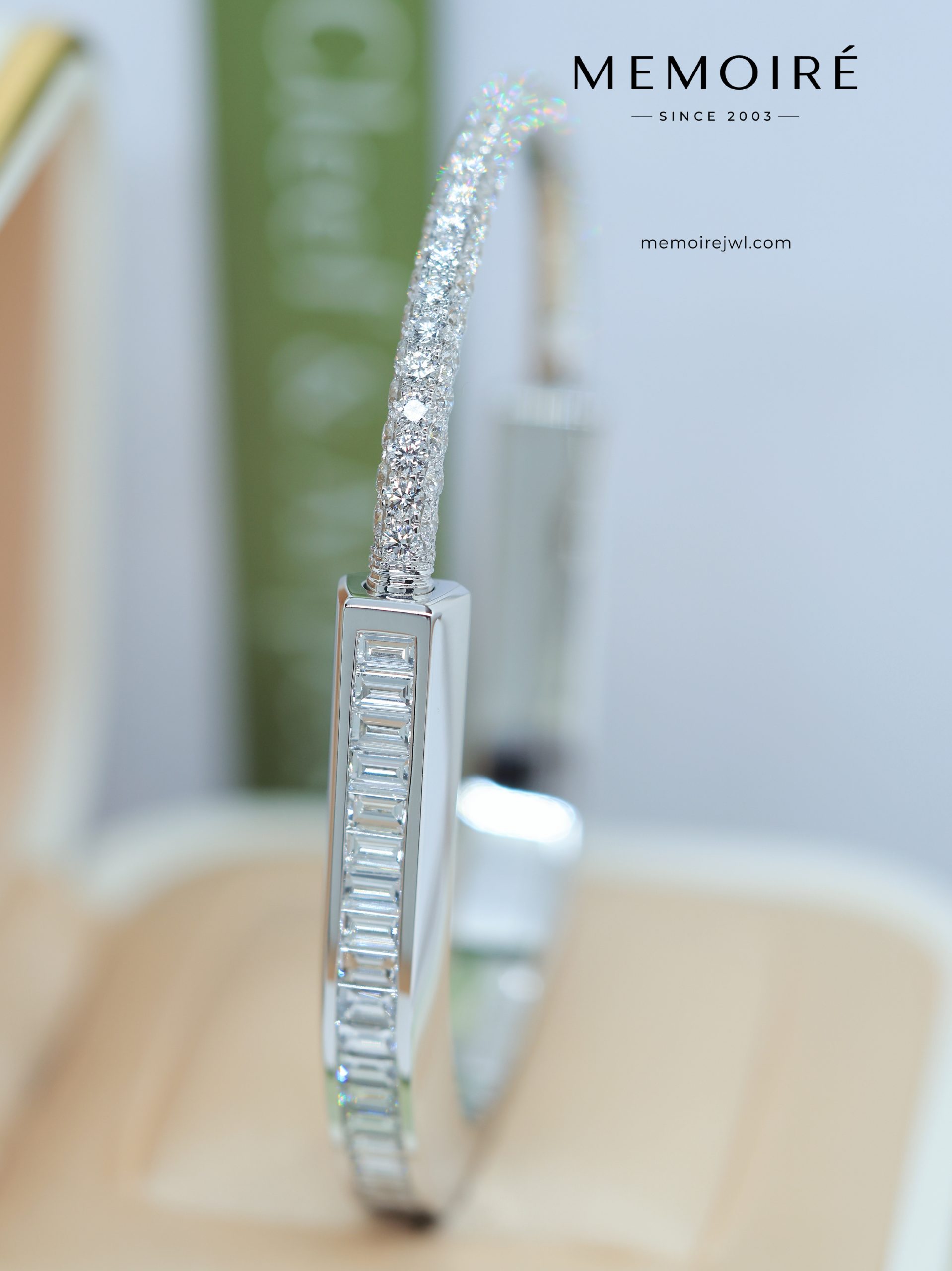 MEMOIRÉ Platinum Wide Full-Pave Diamond Lock U-Shaped Bangle (Round + Emerald-Cut Diamonds)